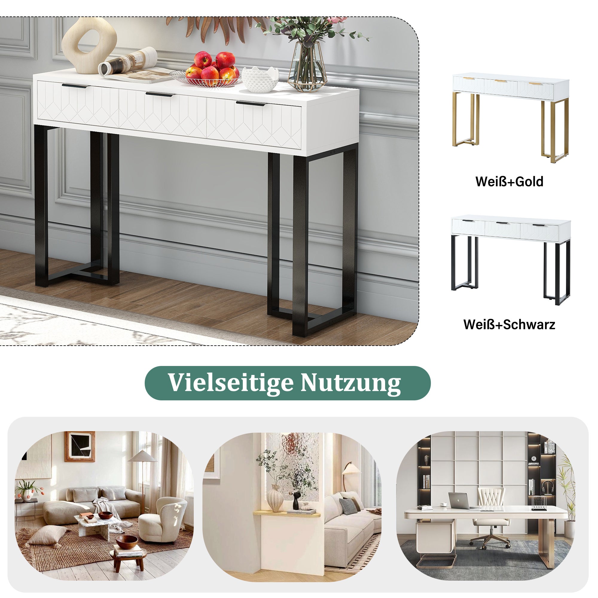 Table console moderne avec 3 tiroirs - 120 x 36 x 80 cm - MDF - pour salon, couloir - blanc + noir - 8