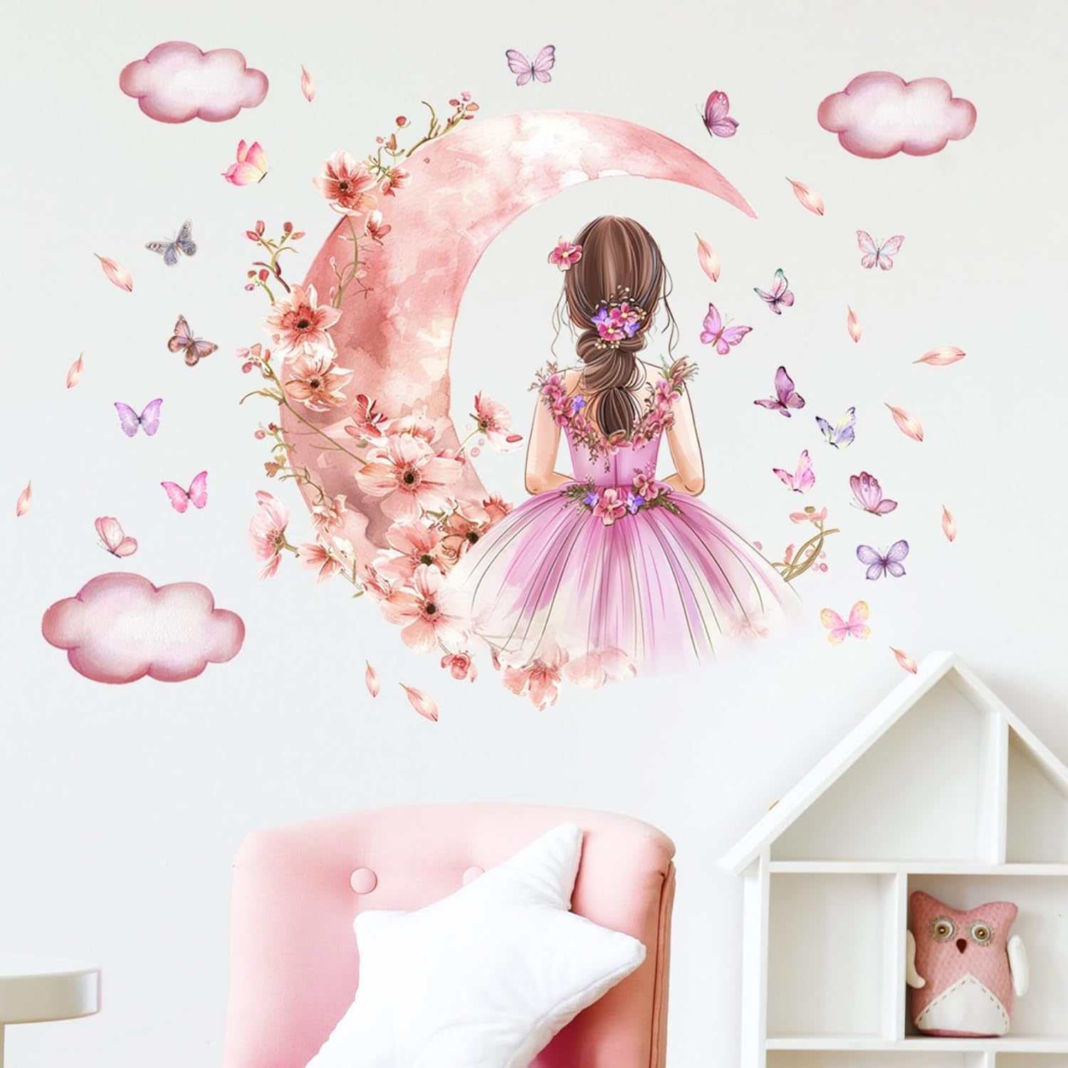 Rose Papillon autocollant mural, nuages de lune fleur fée autocollant mural, peinture murale florale papillons art mural pour s bébé chambre d’enfant - 4