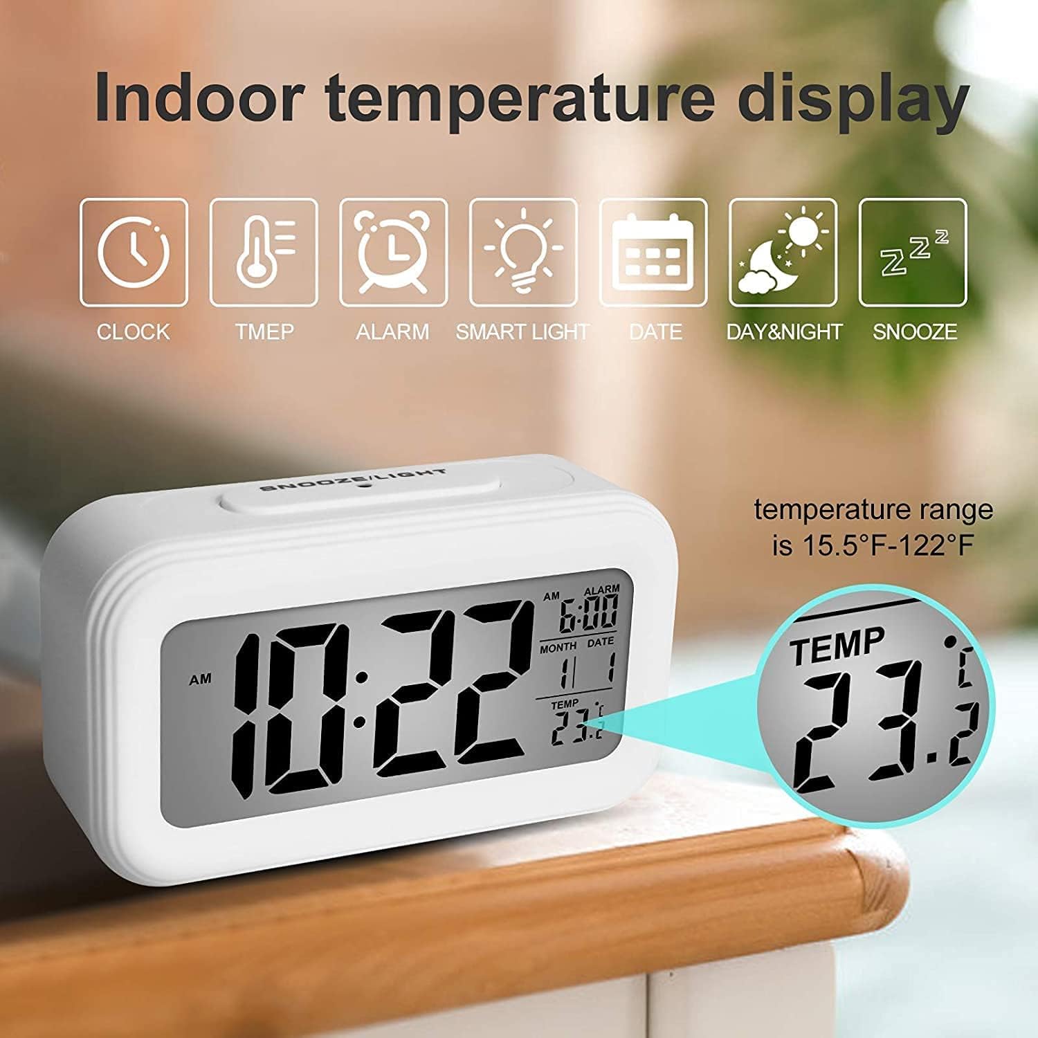 Réveil de voyage numérique, affichage LED silencieux pour enfants et adultes, calendrier de température, veilleuse avec fonction snooze - 3