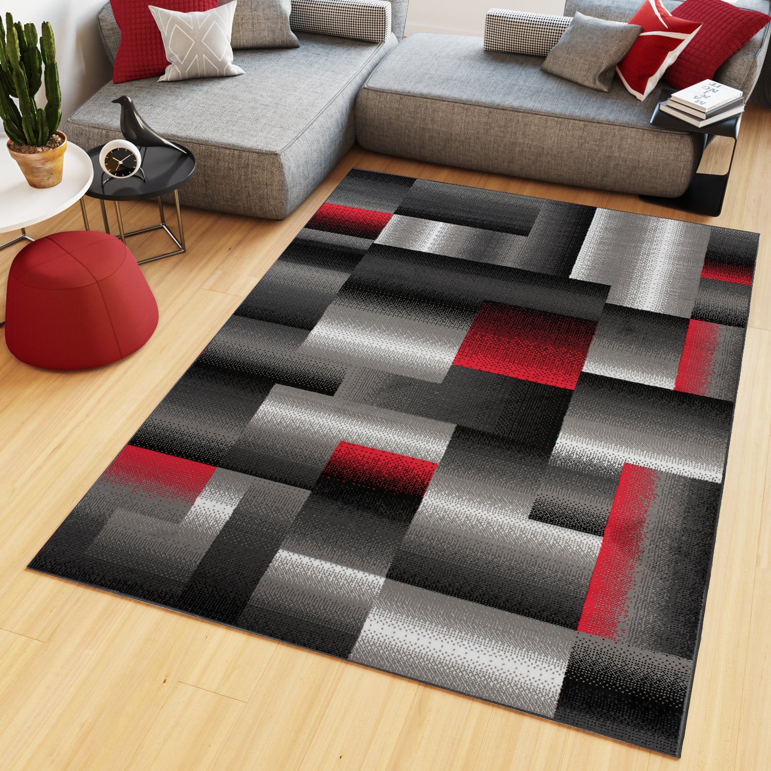 Tapiso maya alfombra de salón sala comedor diseño moderno rojo gris negro blanco geométrico rayas delgada 130 x 190 cm