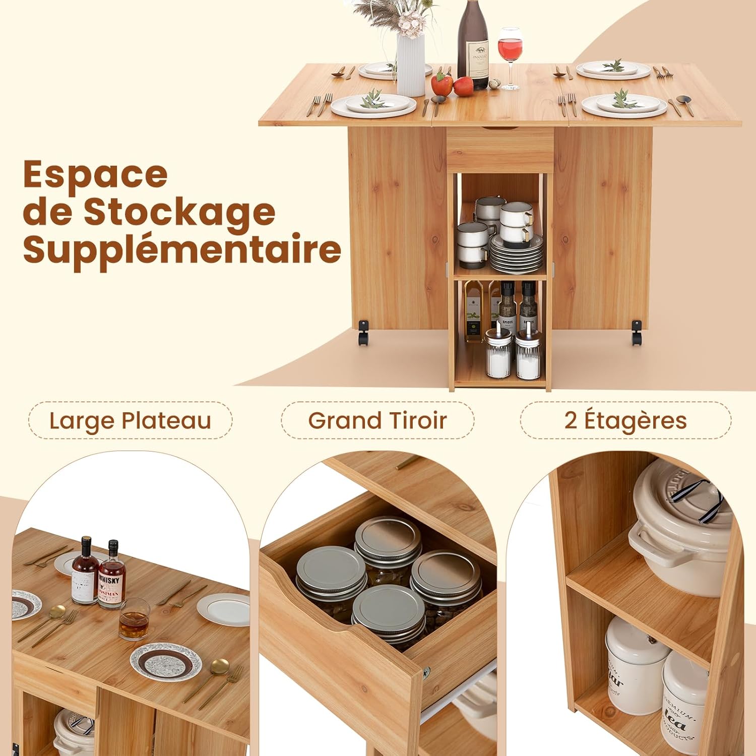 Mesa dobrável para cozinha, mesa dobrável interna com 1 gaveta e 2 prateleiras, mesa extensível para 4 pessoas, 34-120 x 72 x 75 cm (natural) - 5