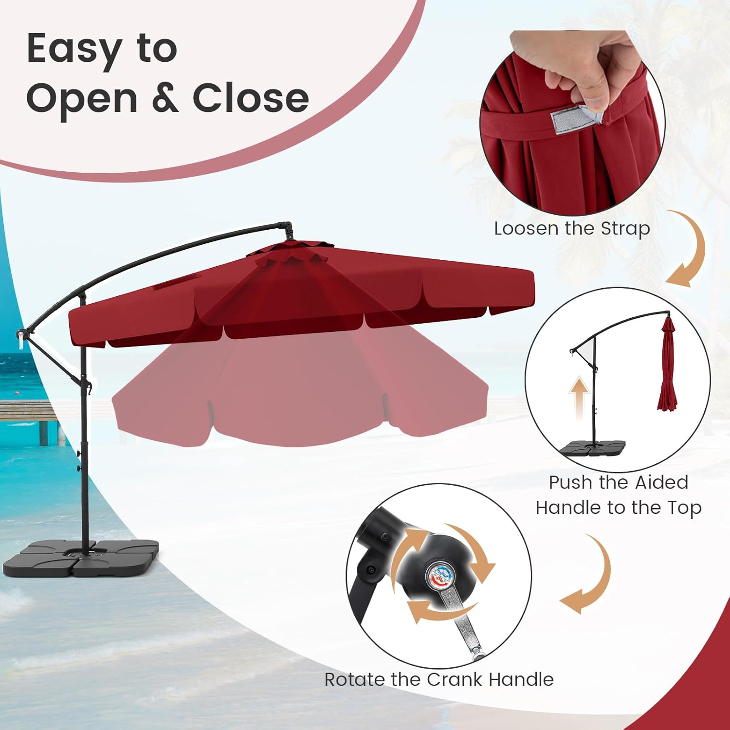 Parasol Déporté 3x3m avec Housse, Grand Parasol de Jardin Exterieur,8 Baleines et Base Croisée, Parasol Inclinable Suspendu avec Manivelle(Rouge) - 4