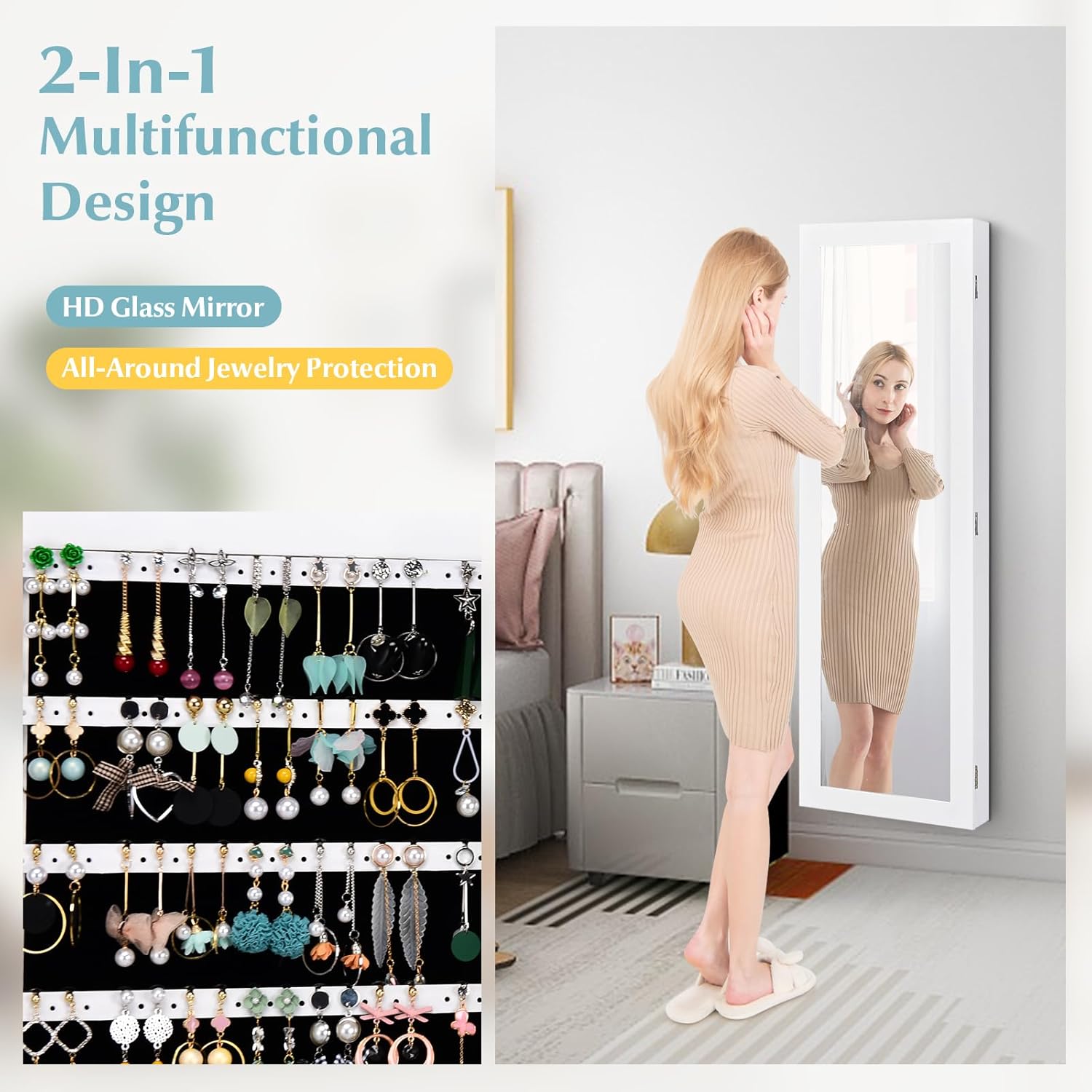 Armoire a Bijoux Mural avec Miroir et 3 Niveaux d’Etagere,Armoire de Rangement Accrochee a la Porte avec Divers Compartiments - 3