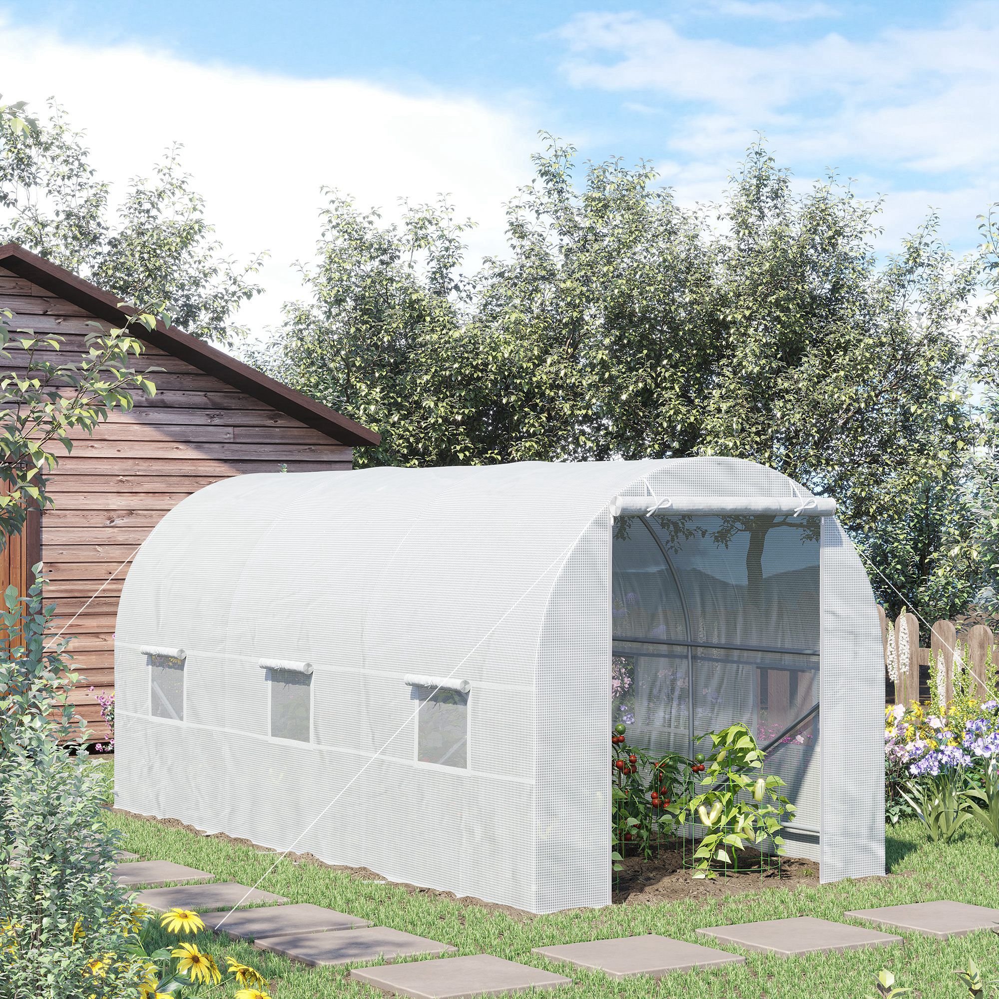 Serre de Jardin Tunnel Surface Sol 9 m² 4,45L x 2l x 2H m châssis Tubulaire renforcé 18 mm 6 fenêtres Blanc - 4