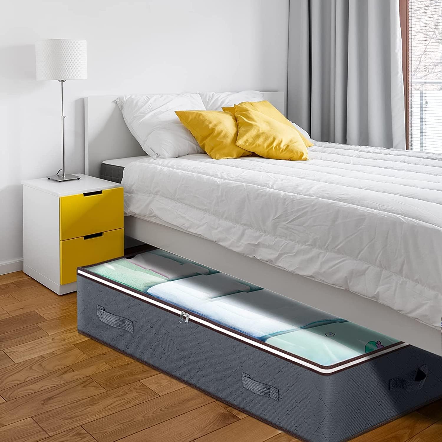 Pacote com 2 caixas de armazenamento de 90L, organizadores de guarda-roupa, bolsas de armazenamento dobráveis para cobertores, roupas, edredons, cinz - 6