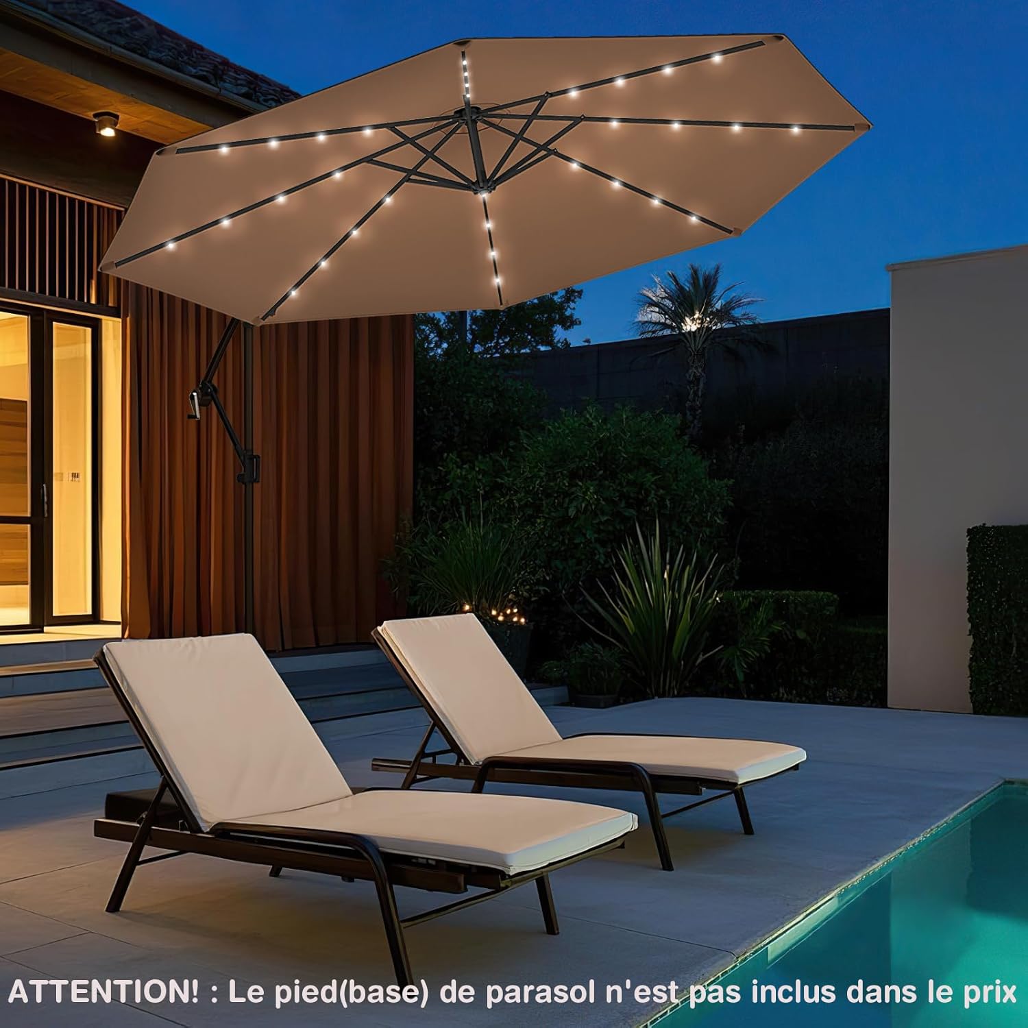 Parasol Déporté 3M avec 32 LED Solaires, Parasol de Jardin 8 Baleines avec Tissu Protection Solaire, Parasol Inclinable Rotatif à 360° (Brun) - 8