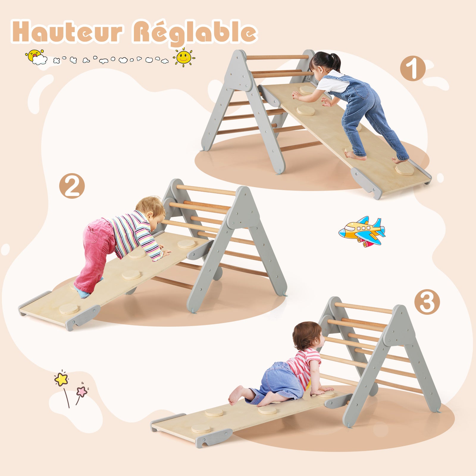 7 en 1 Triangle Arche Montessori, Arche d'escalade Enfants avec Toboggan Bois,Rampe, Échelle Réglable, pour Tout-Petits Bébé 1 Ans+(Gris Naturel) - 4