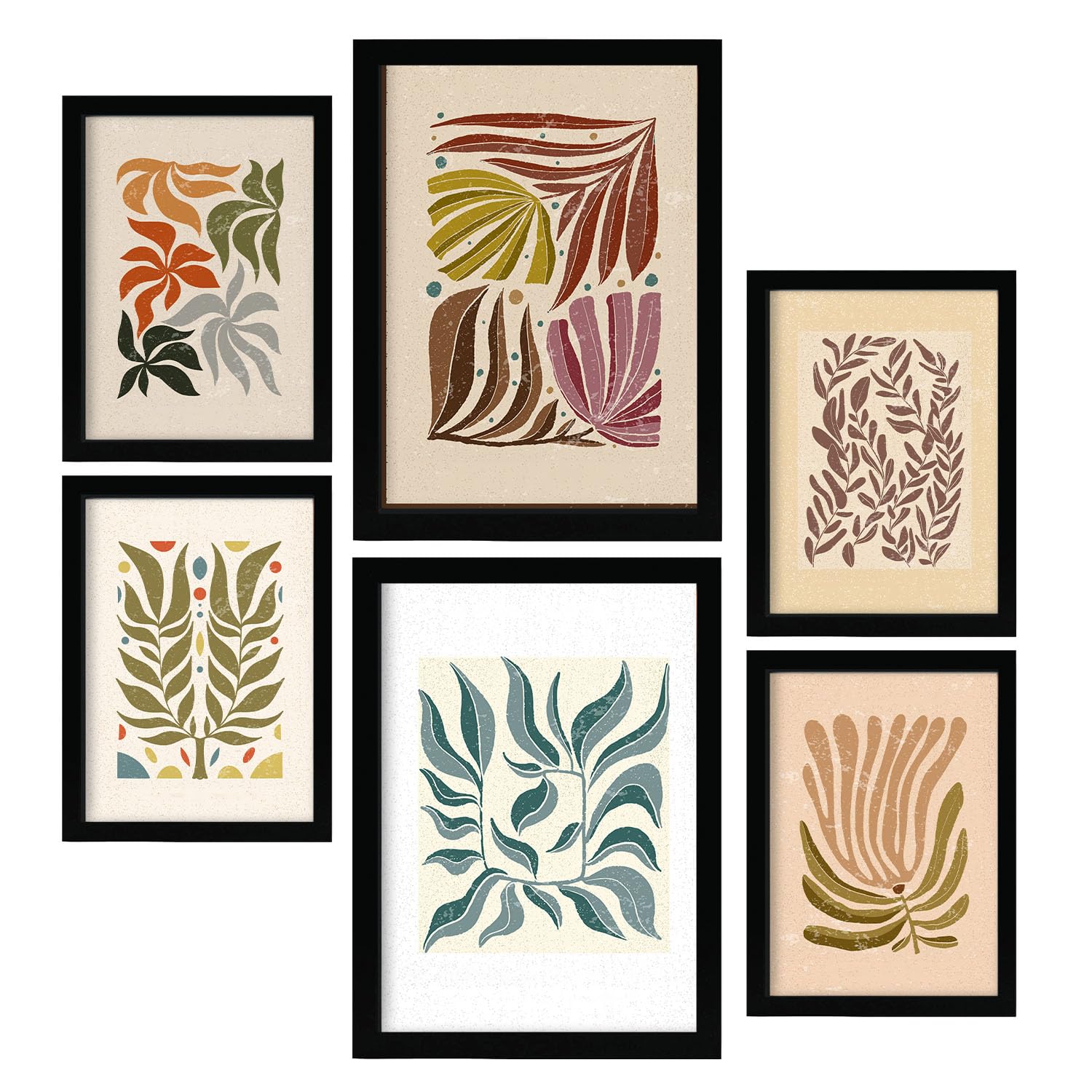 Nacnic set 6 laminas de hojas de étnico cuadros decorativos estéticos para su sala de estar dormitorio hogar impresión a4 y a3 con marco negro