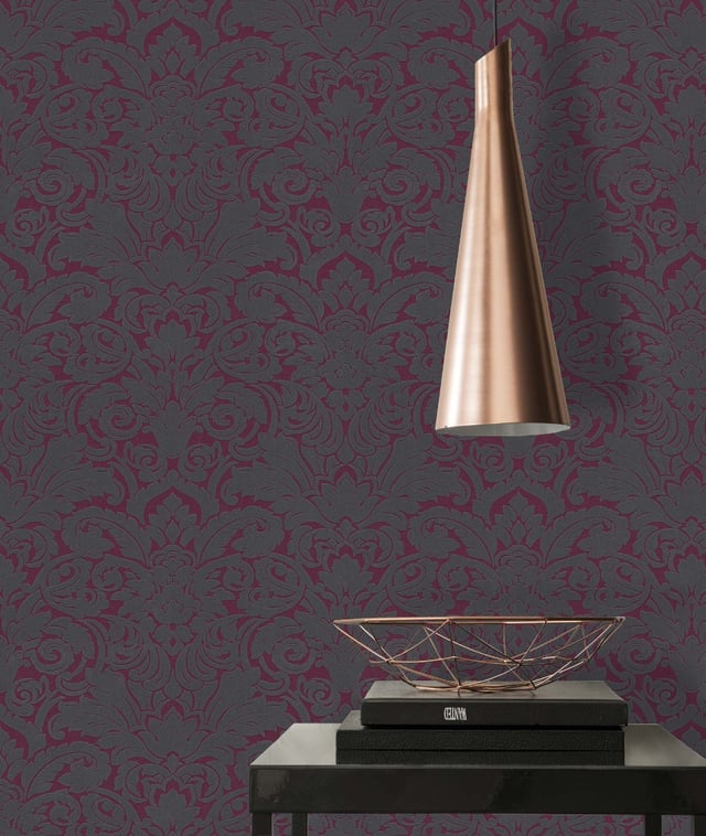 Papier peint élégant anthracite et bordeaux Tapisserie à motif baroque idéal pour salon Papier peint aspect velours pour salle à manger