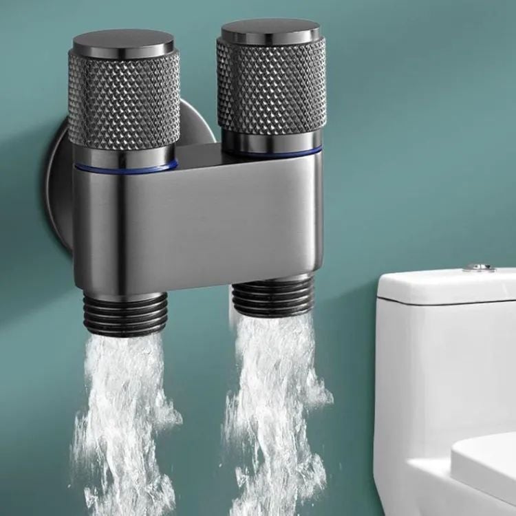 Válvula Ángulo Doble Control G1/2 Para Lavadora Y Bidé - Salida Dual Montaje Pared, Acero Inoxidable (Incluye Cinta Y Tapa Decorativa)
