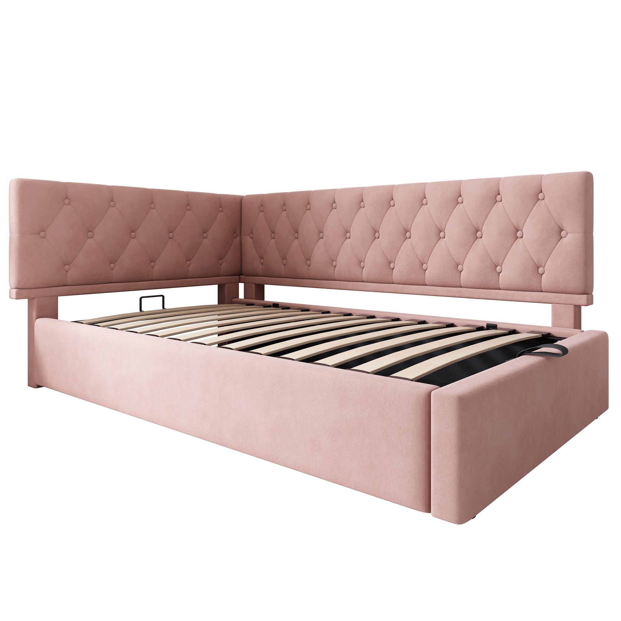 Rozkładana sofa 90 x 190 cm, z hydraulicznym schowkiem, aksamitna, różowa. - 7