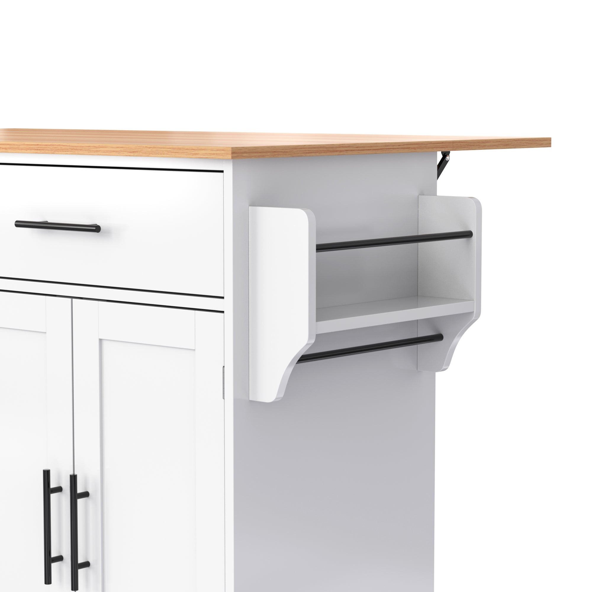 Ilot central de cuisine - 2 tiroirs et 4 compartiments - pieds en roulettes ou en bois - Blanc - 7