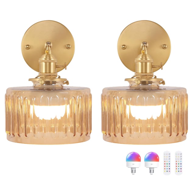 2 dekoracyjnych mosiężnych lampek ściennych w stylu vintage z prążkowanym szklanym kloszem, kolor bursztynowy + źródło światła RGBW sterowane pilotem