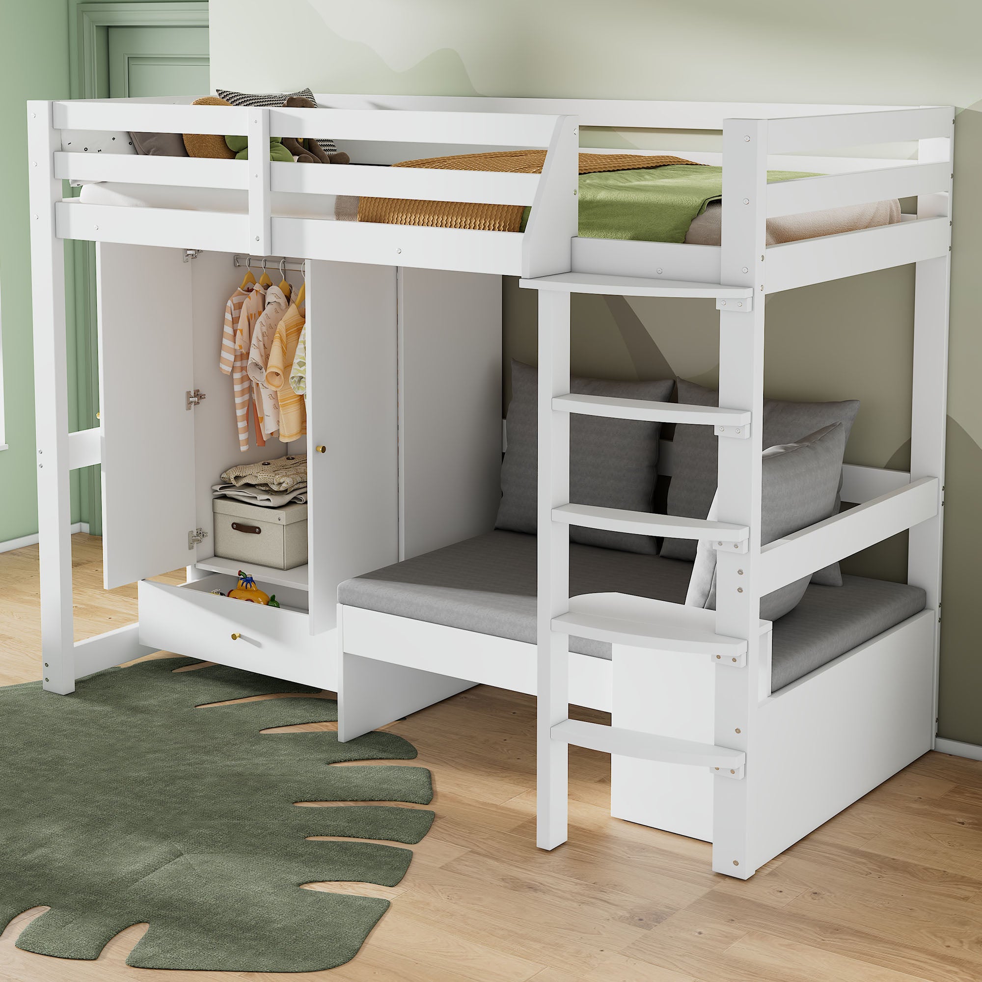 Letto a castello 90 x 200 cm, letto per bambini, con scaletta, armadio, divano con spazio contenitore, senza materasso, legno massello, bianco - 6