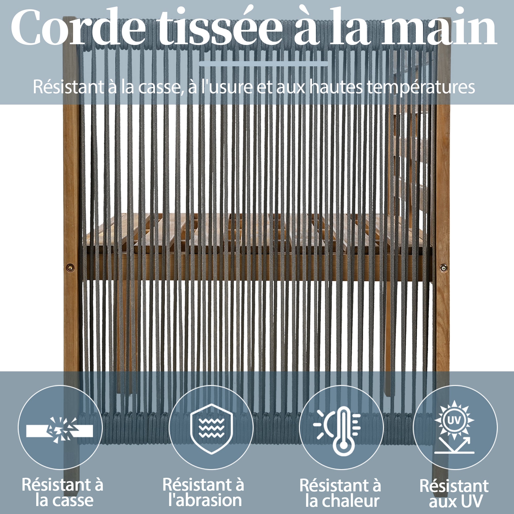 Ensemble de salon de jardin 5 places, canapé d'angle + table basse, structure en acacia, en corde tressée, gris - 6