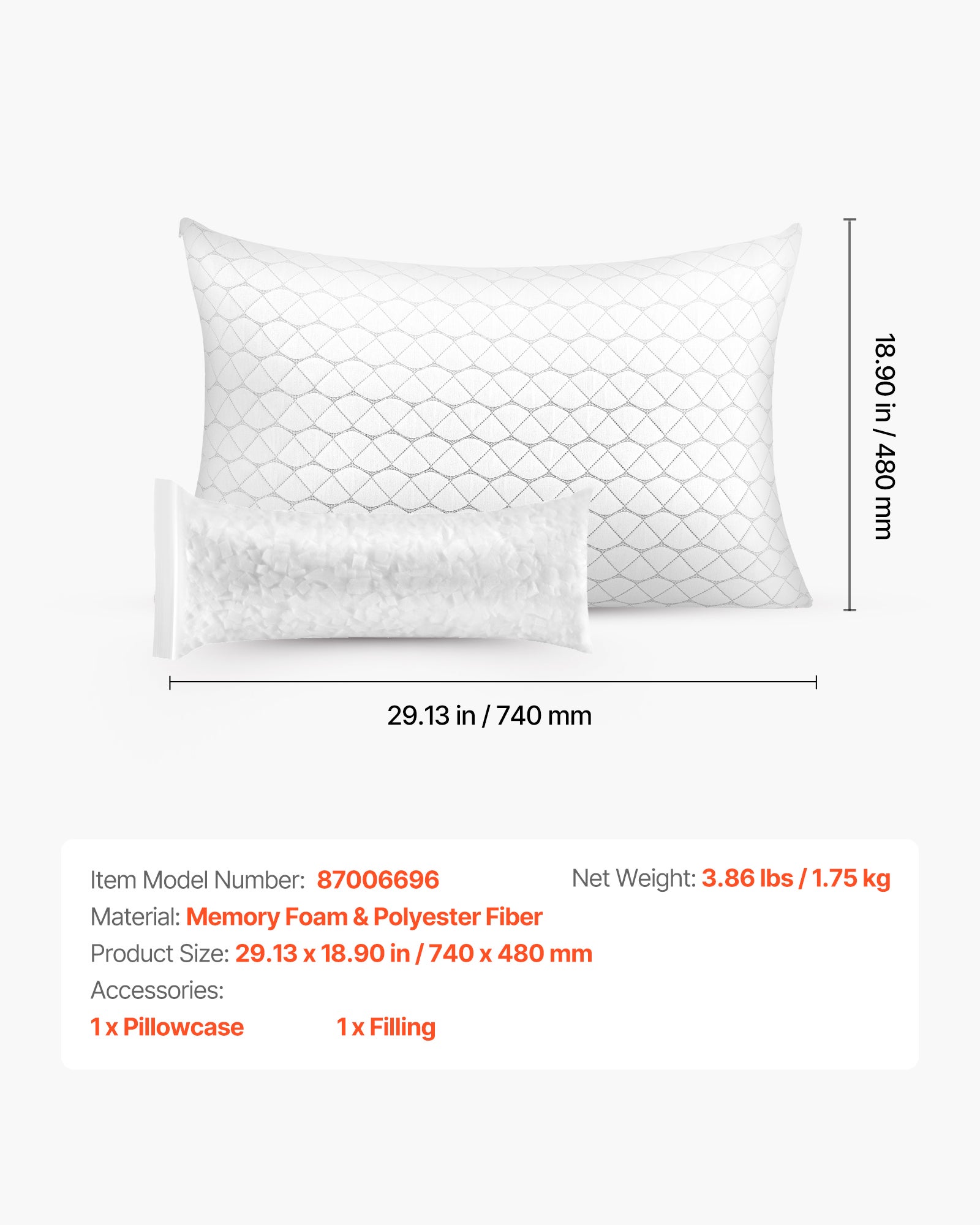 Oreiller à mémoire de forme VEVOR, mousse viscoélastique 74×48 cm, housse fibre naturelle amovible lavable, maintien et confort pour dos/ventre/côté - 7