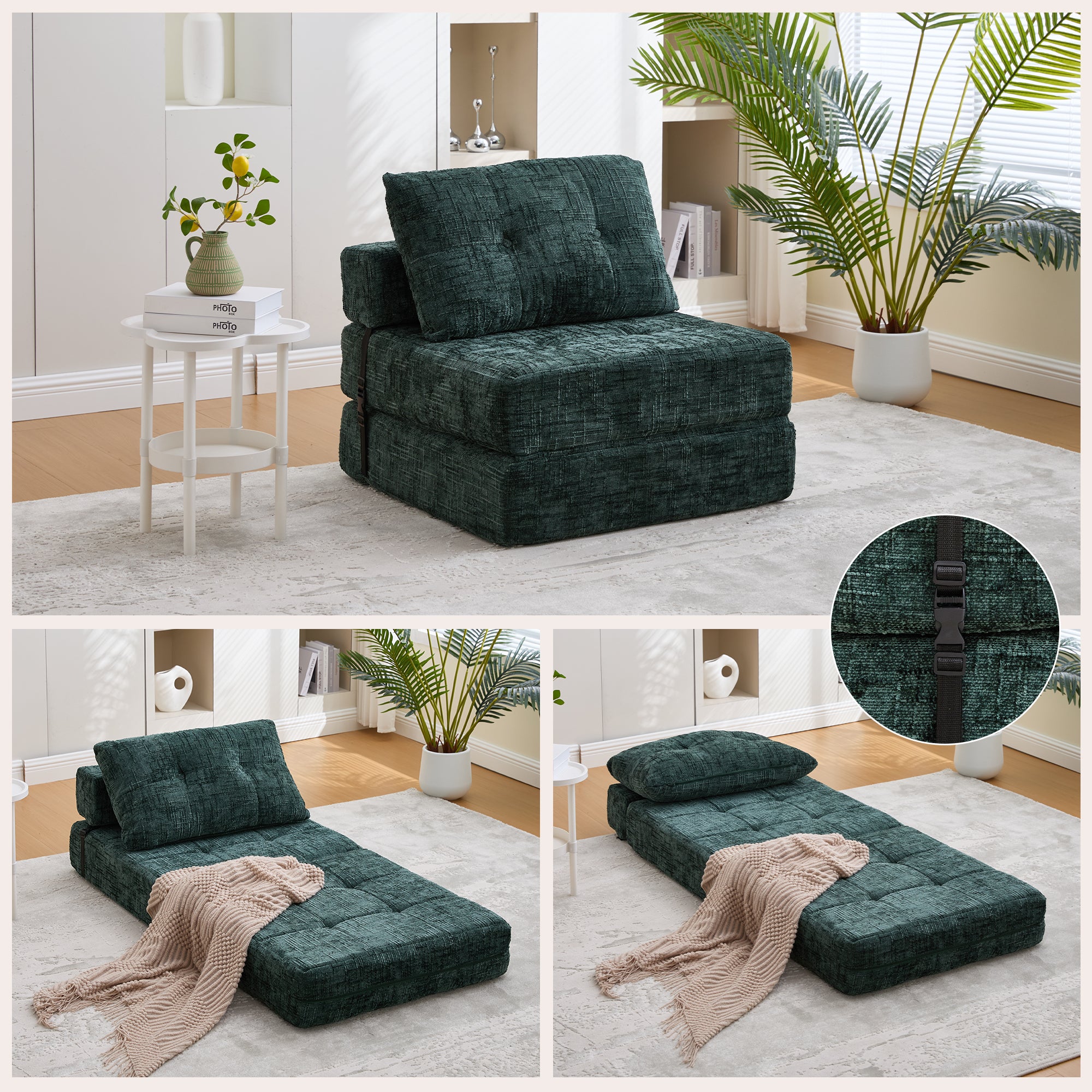 Canapé-Lit Pliant Multifonction avec Coussins, Fauteuil Convertible ,Tissu Chenille Vert émeraude, Dimensions 79x79x57 cm - 5