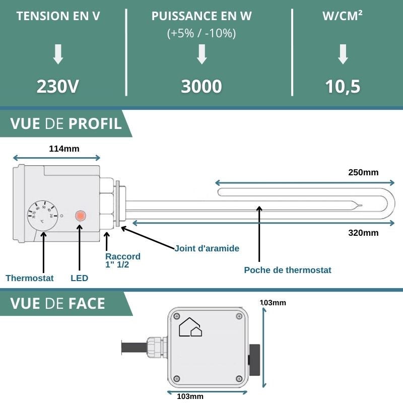Résistance Ballon échangeur - tampon - chauffe-eau solaire - Thermoplongeur - raccord 1