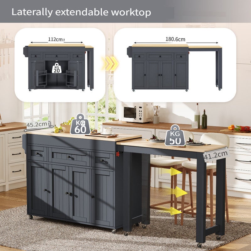 Îlot de cuisine mobile,ilot central cuisine avec table extensible,Kitchen island autoportant avec étagère à épices et tiroir,pour aux cuisines,Gris - 8