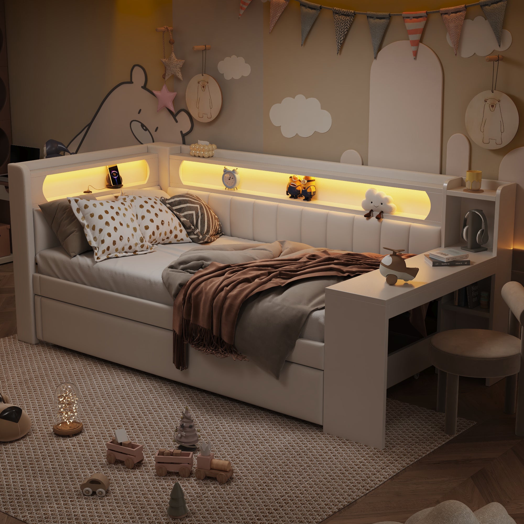 Łóżko wysuwane 90 x 200 cm z biurkiem, 2 szufladami i przegródkami - MDF + sklejka + tkanina lniana - port USB i diody LED - białe (bez materaca)