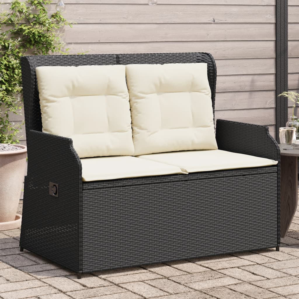 Banc De Jardin Avec Rangement En Résine Tressée Noir - Dimensions 111x56x87 Cm - Coussin Blanc Crème Inclus - Pour Terrasse Et Extérieur