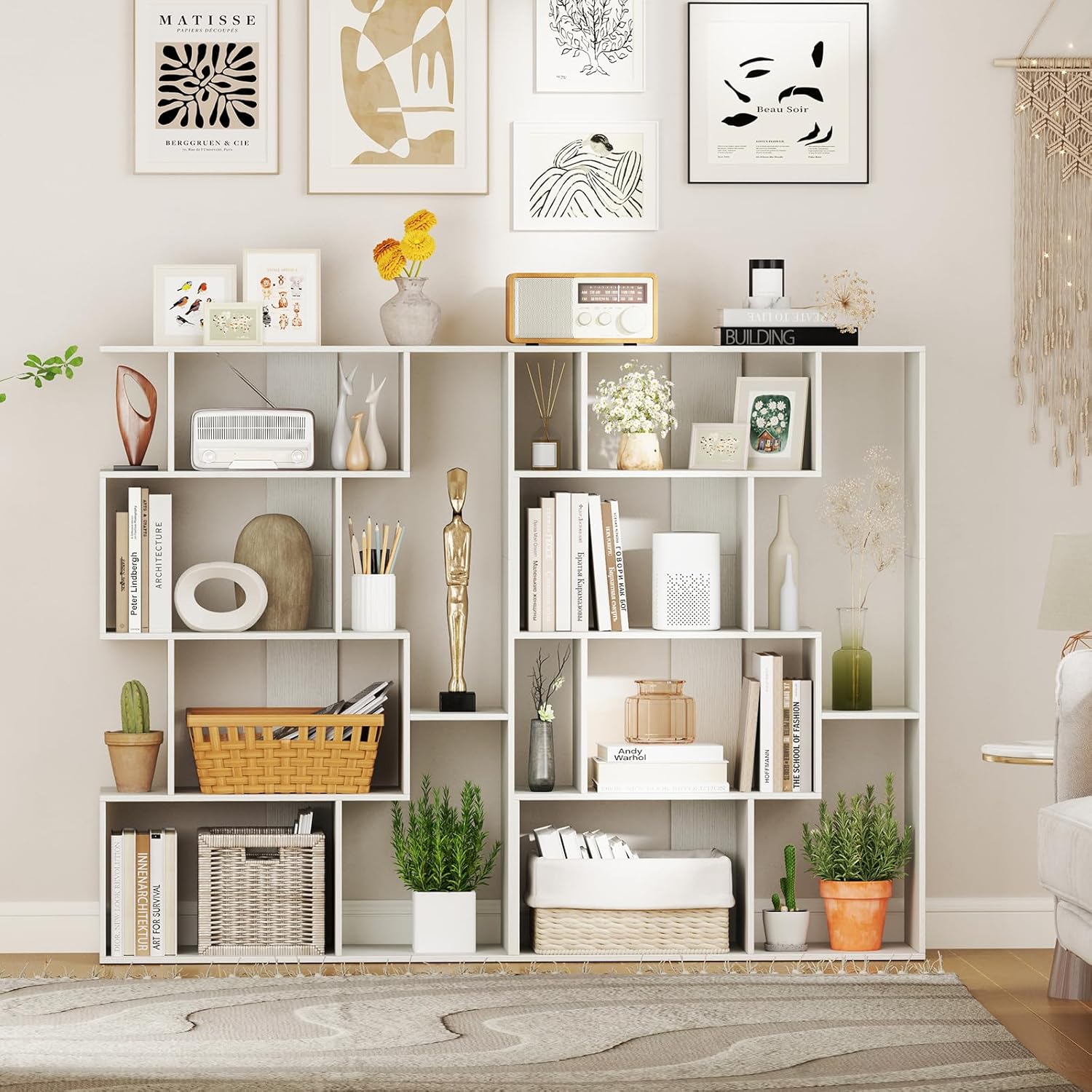 Regał w Kształcie Litery S, 4 Poziomy, 80 x 30 x 119 cm, Regał Wolnostojący z 6 Otwartymi Przegrodami (Biały) - 2