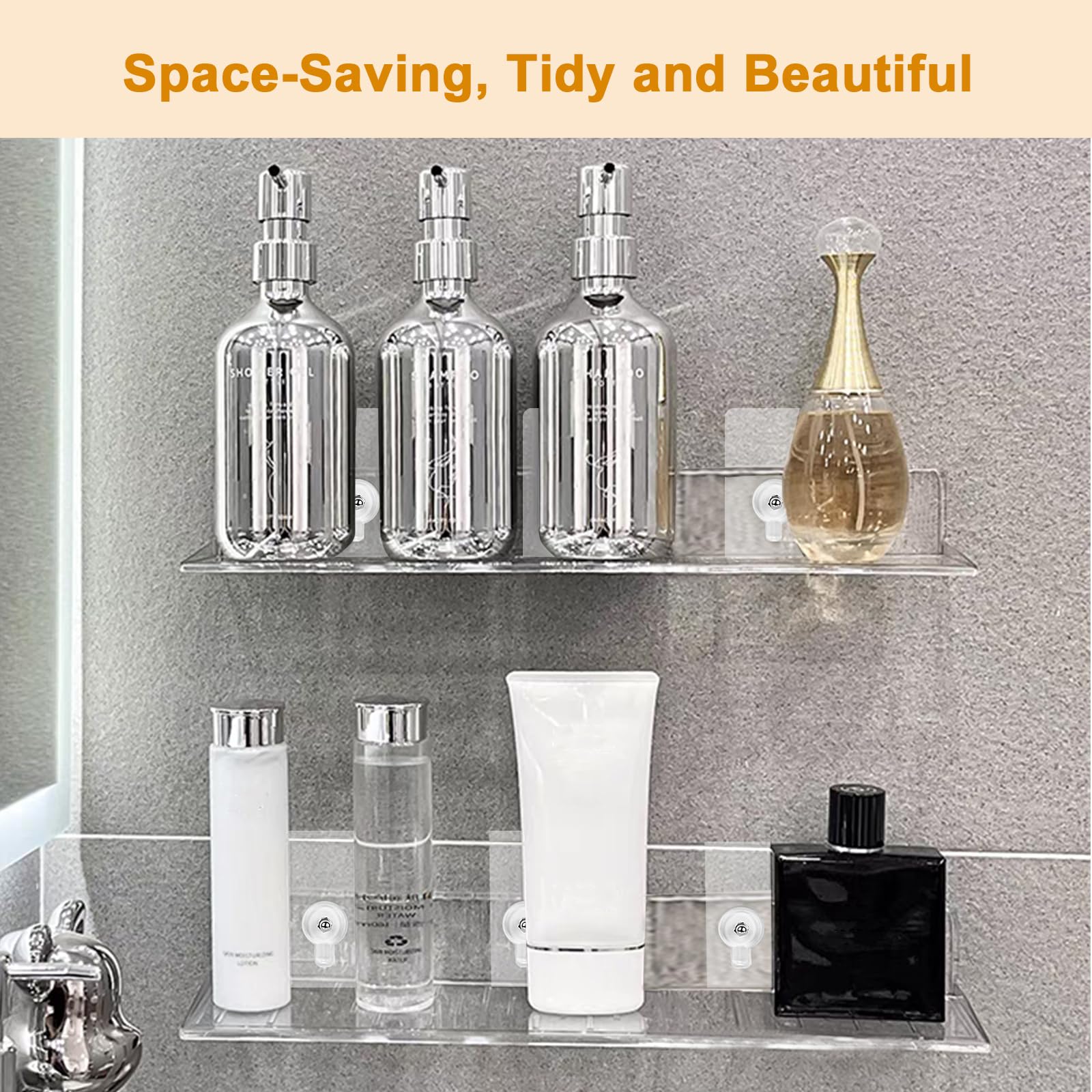 Lot de 2 Étagères Murale sans Percer, Etagere Adhesive Transparente en Acrylique, Etagere Murale sans Vis, Trou psansour Salle de Bain, Cuisine - 4