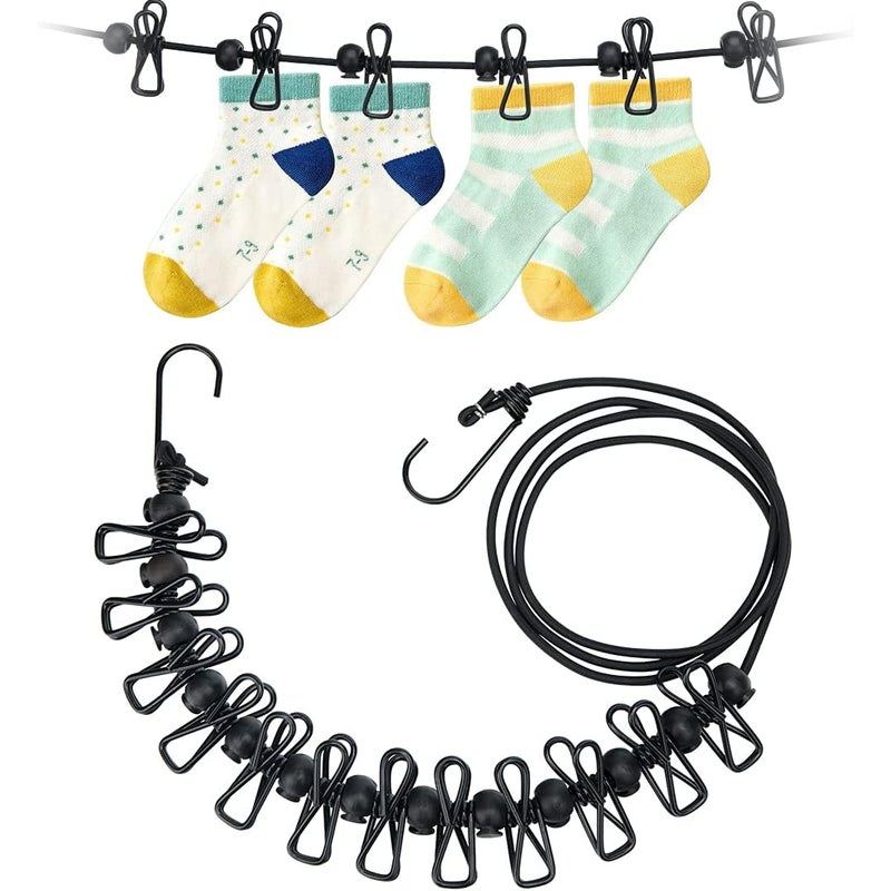 Zestaw 2 przenośnych, wysuwanych suszarek do ubrań z 12 klipsami i klamrami blokującymi do podróży i na kemping, czarny