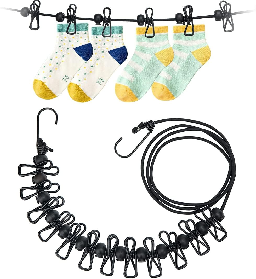 2-częściowa linka do suszenia ubrań, przenośna, elastyczna, regulowana, zwijana, do biwakowania na świeżym powietrzu z 12 klipsami pozycjonującymi i
