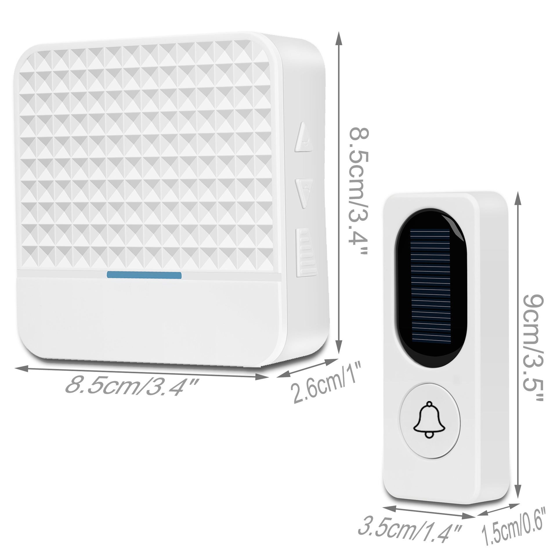 Bezprzewodowy dzwonek do drzwi Solarny elektroniczny dzwonek bezprzewodowy, biały 8,5 * 8,5 * 2,6 cm, 9 * 3,5 * 1,5 cm