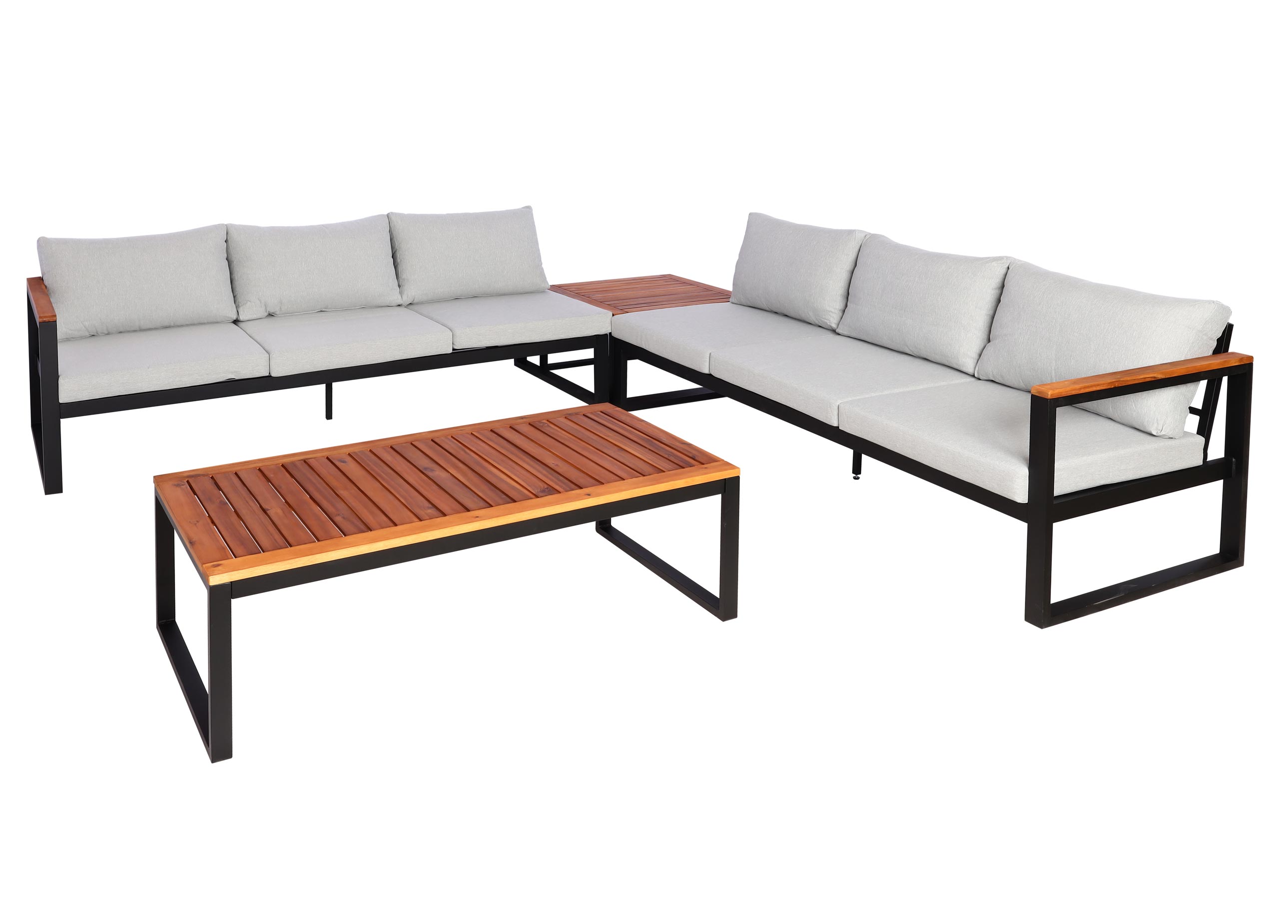 Zestaw ogrodowy HWC-L26, zestaw wypoczynkowy do ogrodu, sofa, metal, drewno akacjowe, certyfikat MVG ~ jasnoszary