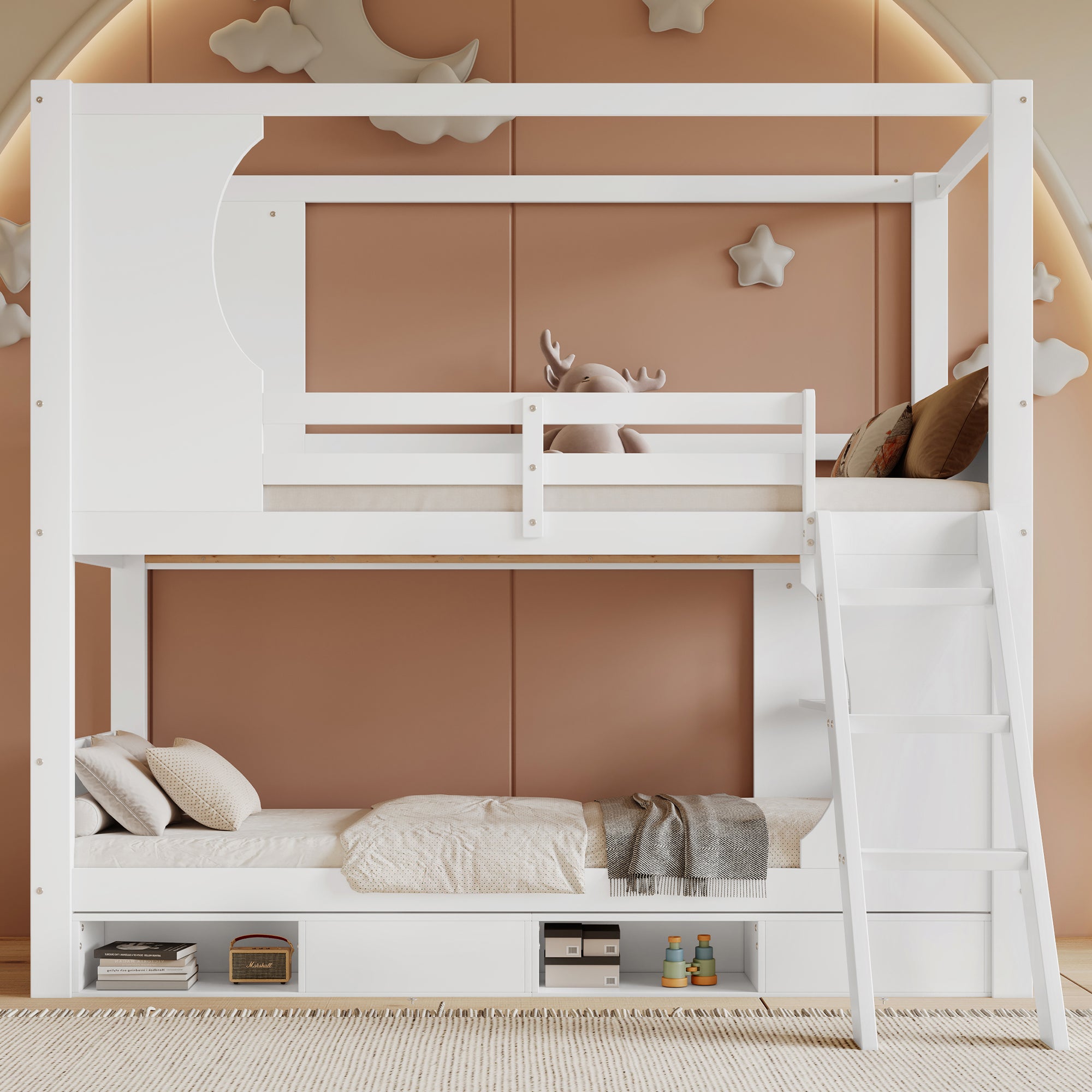 Litera Con Cama Nido Y Escalera Con Almacenaje - 90x200cm + 120x200cm, Blanca Y Madera, Ideal Para Habitaciones Infantiles