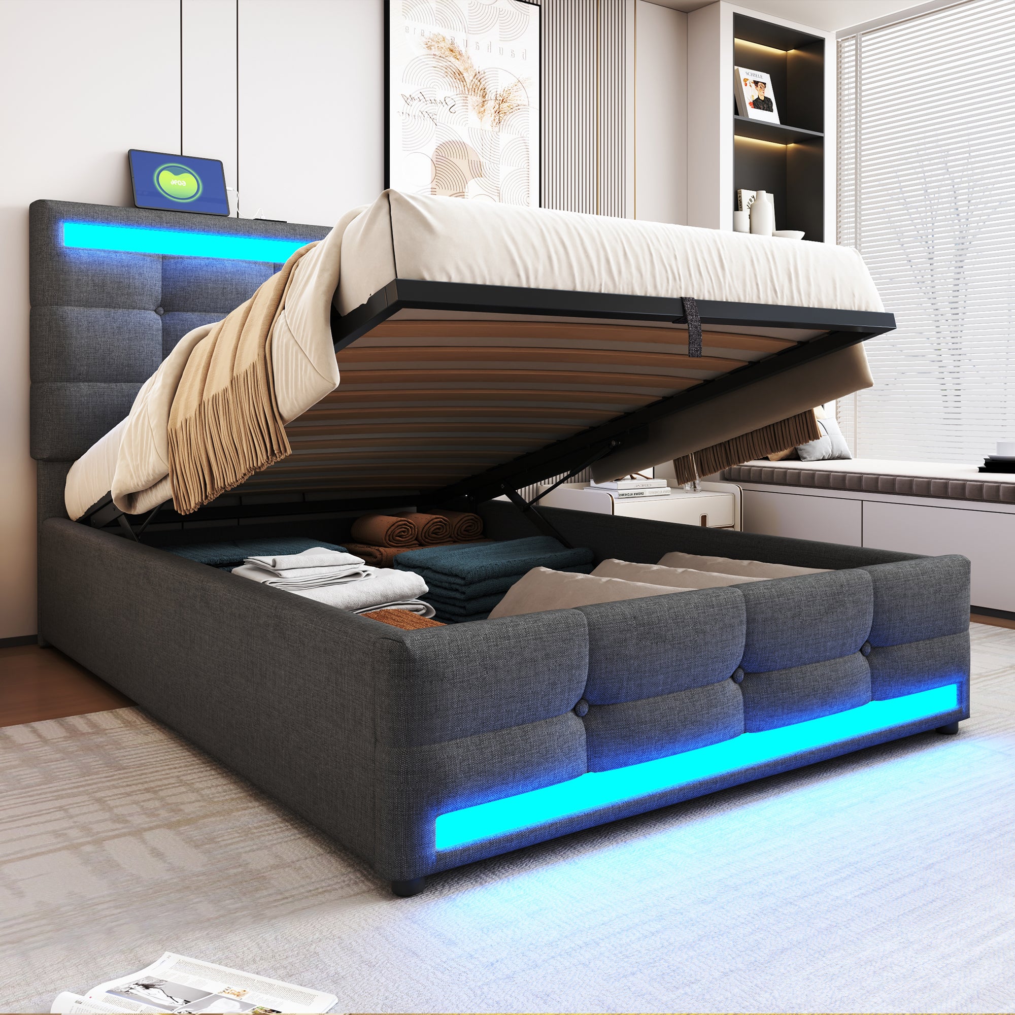 Łóżko Tapicerowane 90x200 z Pojemnikiem Hydraulicznym, LED RGB i Portami USB - Szare Lniane Łóżko Jednoosobowe dla Dzieci/Dorosłych