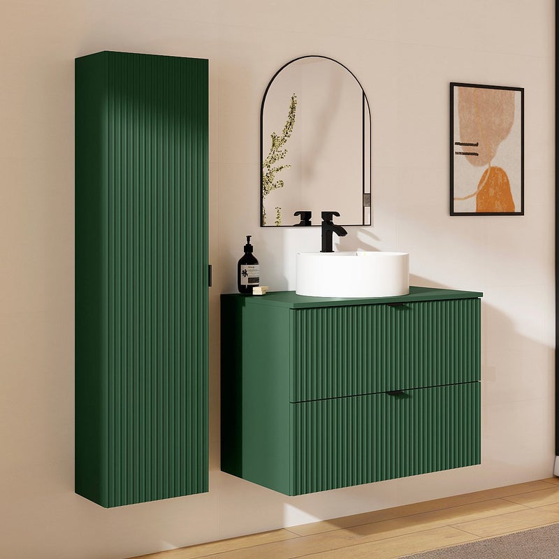 Podwieszana szafka łazienkowa prążkowana z nablatową okrągłą umywalką i słupkiem - Matowa zieleń - 80 cm - ZEVINI