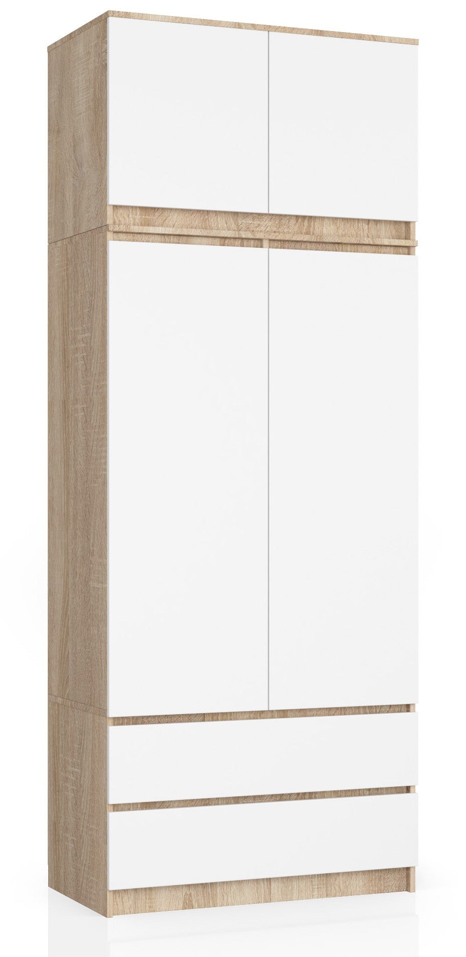 Szafa AKORD S90 z nadstawką Dąb Sonoma 90 cm 2 drzwi 2 szuflady kolor Biały mat 6 półek 90x51x234 cm