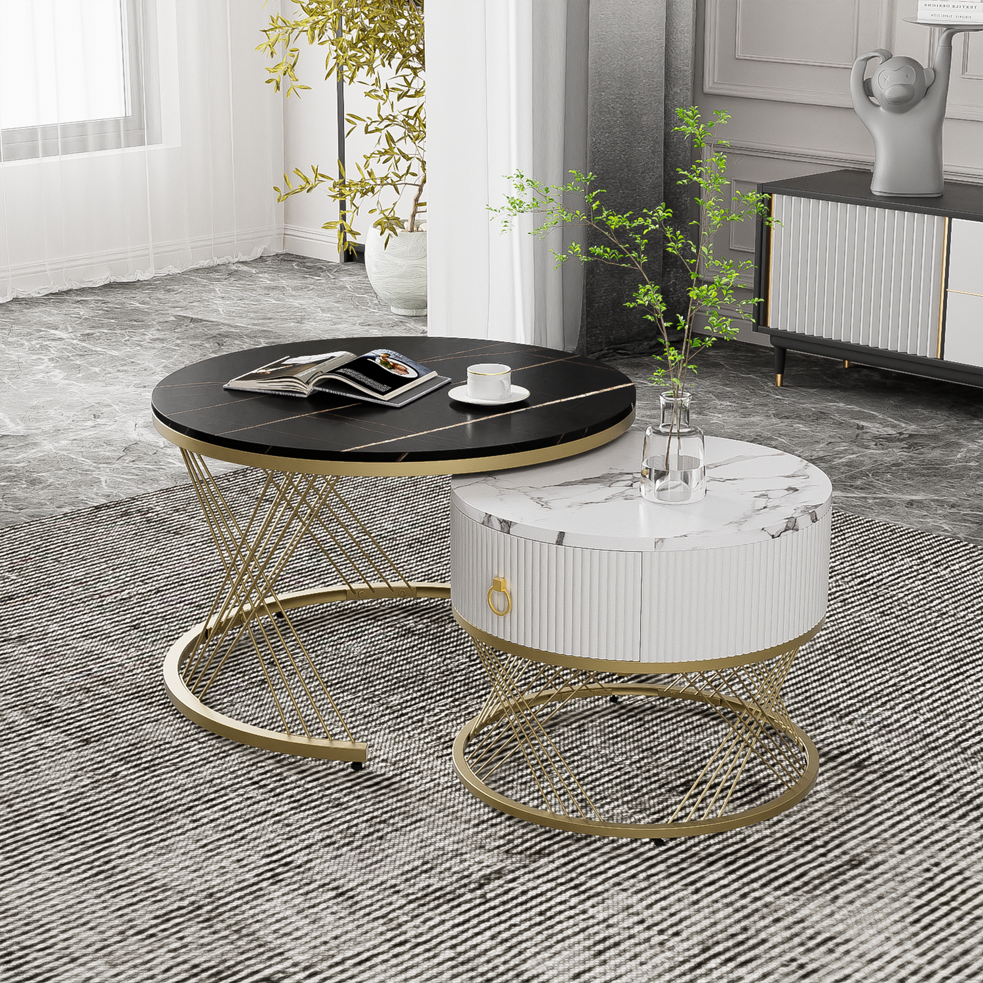 Set de deux tables basses avec plateau circulaire en marbre | Maisons du Monde