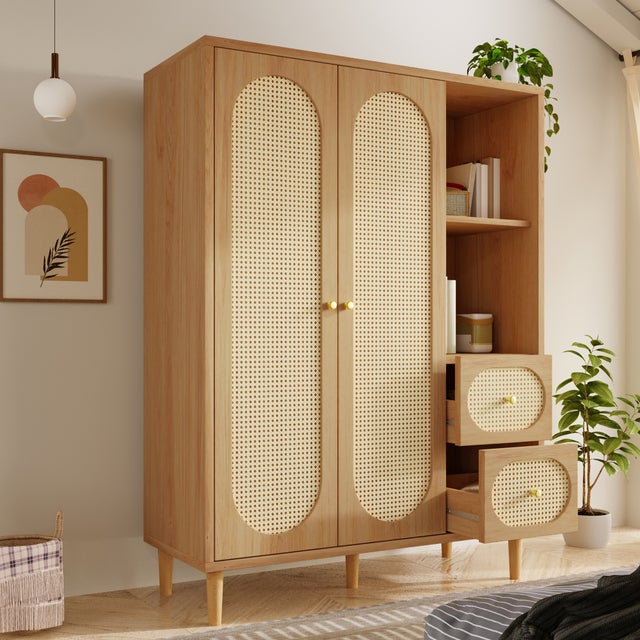 Szafa 120x44x161cm - Otwarte półki i wieszaki na ubrania - z 2 drzwiami z rattanu i 2 szufladami z rattanu - styl rustykalny - kolor dębowy