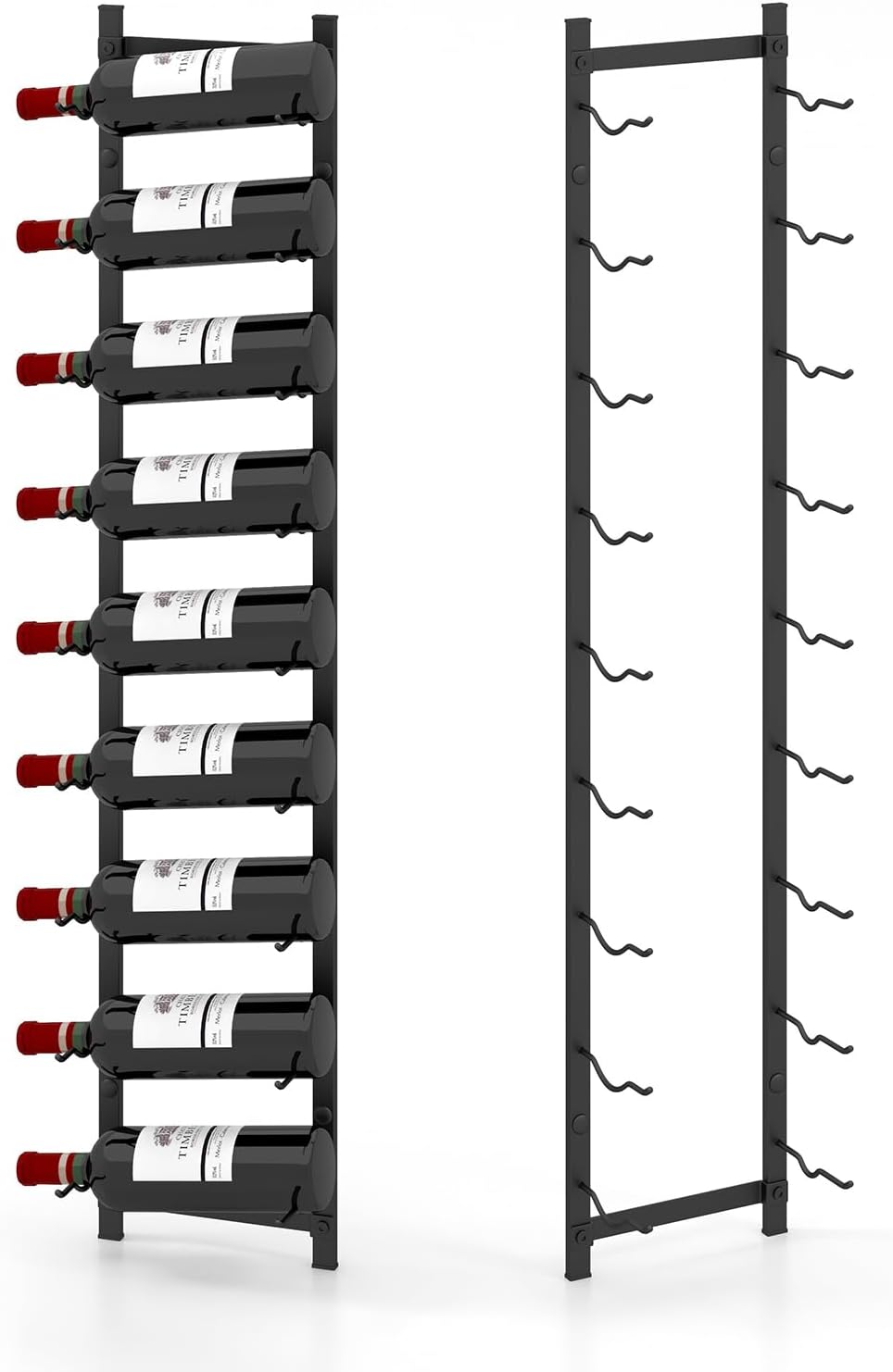 Regał na Wino do Montażu na Ścianie na 9 Butelek – Wiszący Metalowy Stojak na Butelki – 22 × 13,5 × 109 cm – Nowoczesny Stojak na Wino