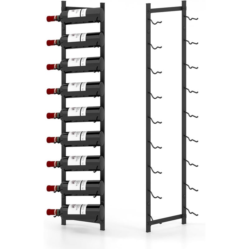Regał na Wino do Montażu na Ścianie na 9 Butelek – Wiszący Metalowy Stojak na Butelki – 22 × 13,5 × 109 cm – Nowoczesny Stojak na Wino