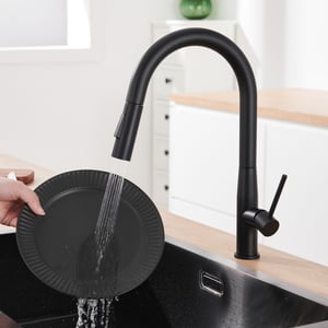 Robinet Cuisine Douchette,Mitigeur Cuisine avec Douchette, Robinetterie Cuisine avec Douchette Extractible Rotatif 360° Eau Froide/Chaude,Noir