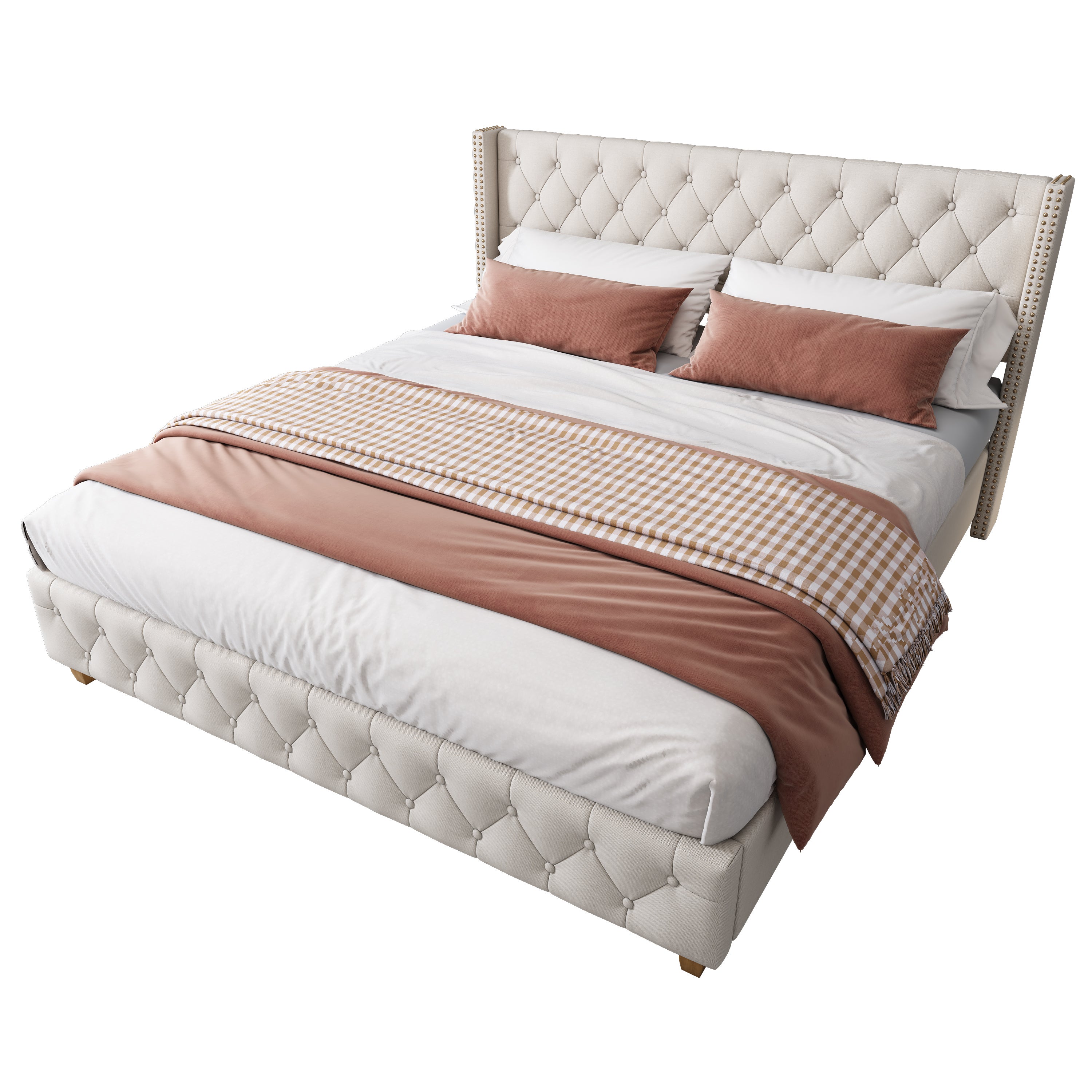 Lit Double 140x190 cm - Lit Classique Beige en Lin - Tête de Lit Capitonnée, Sans Matelas - 9
