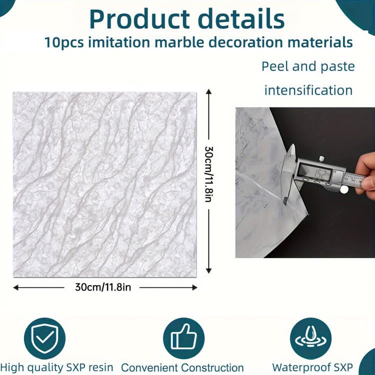 Autocollants de sol pelés et collés, autocollants muraux auto-adhésifs en marbre de Simulation épais, résistants à l'usure et imperméables, 10 pièces - 3