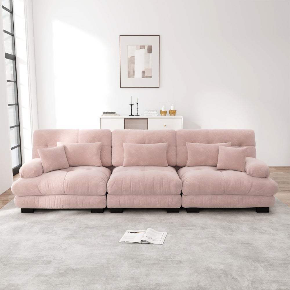 Sofa narożna, 3-osobowa, modułowa, szenilowa, głębokie siedzisko, funkcja spania, różowa