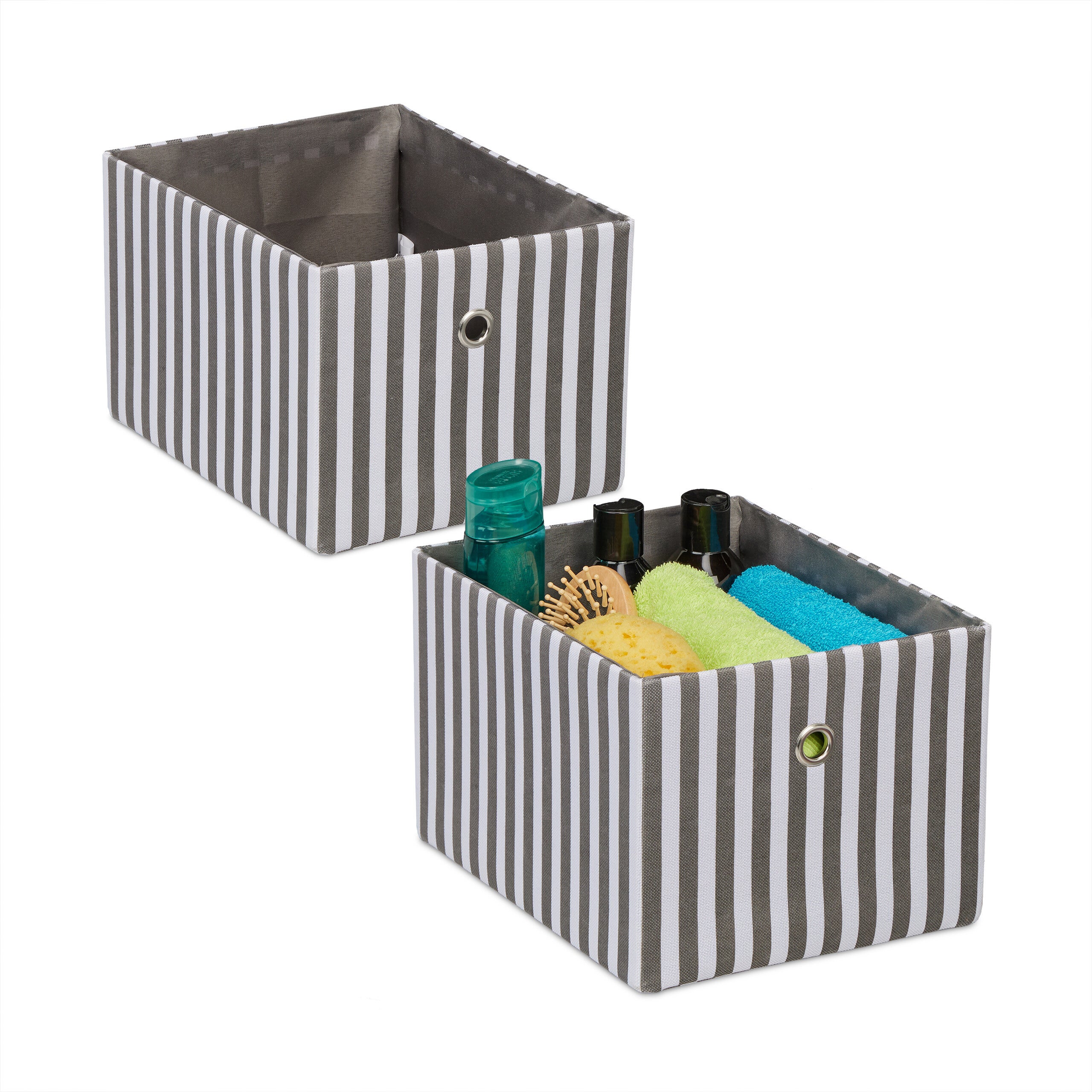 Relaxdays cajas de almacenaje a rayas set de 2, cajones tela rectangulares, 16 x 20 x 25 cm, sin tapa, gris y blanco