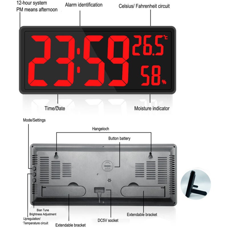 Horloge numérique grand écran, grande horloge murale numérique avec température et humidité, horloge murale numérique avec chiffres LED - 4