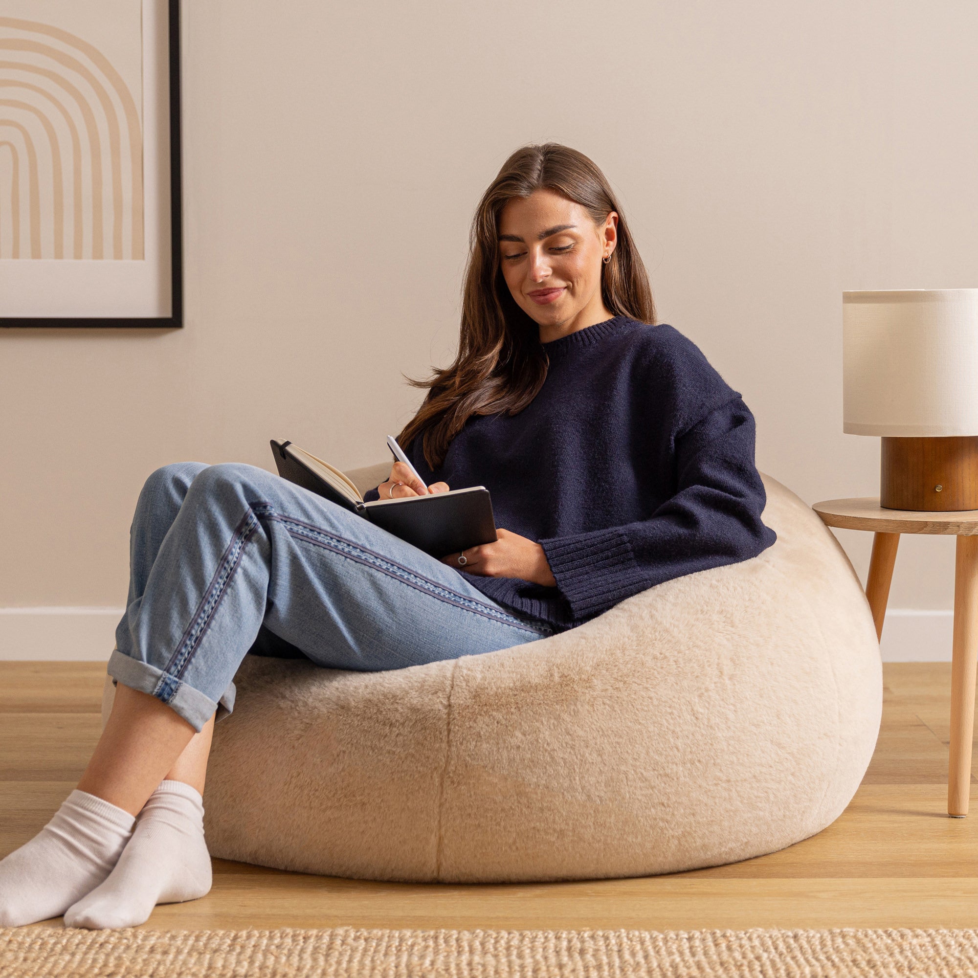 Pouf classique Icon en imitation fourrure luxueuse de lapin, beige, salon, chambre, 85x85cm, Made in Allemagne, Oeko-Tex® - 3