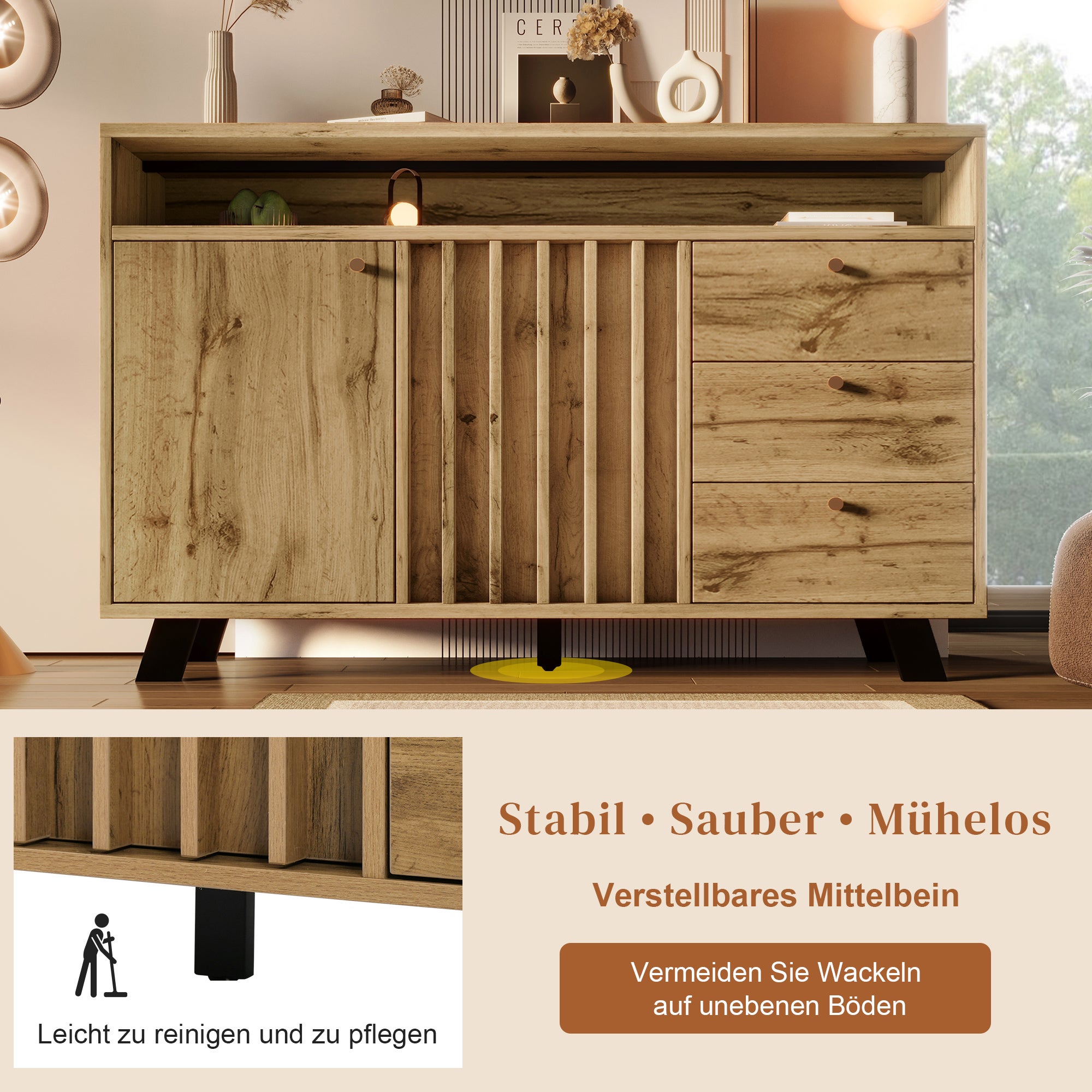 Buffet bas avec 3 tiroirs et 2 portes, commode - 120 x 40 x 85 cm - Panneaux de particules et MDF - Chêne foncé - 5