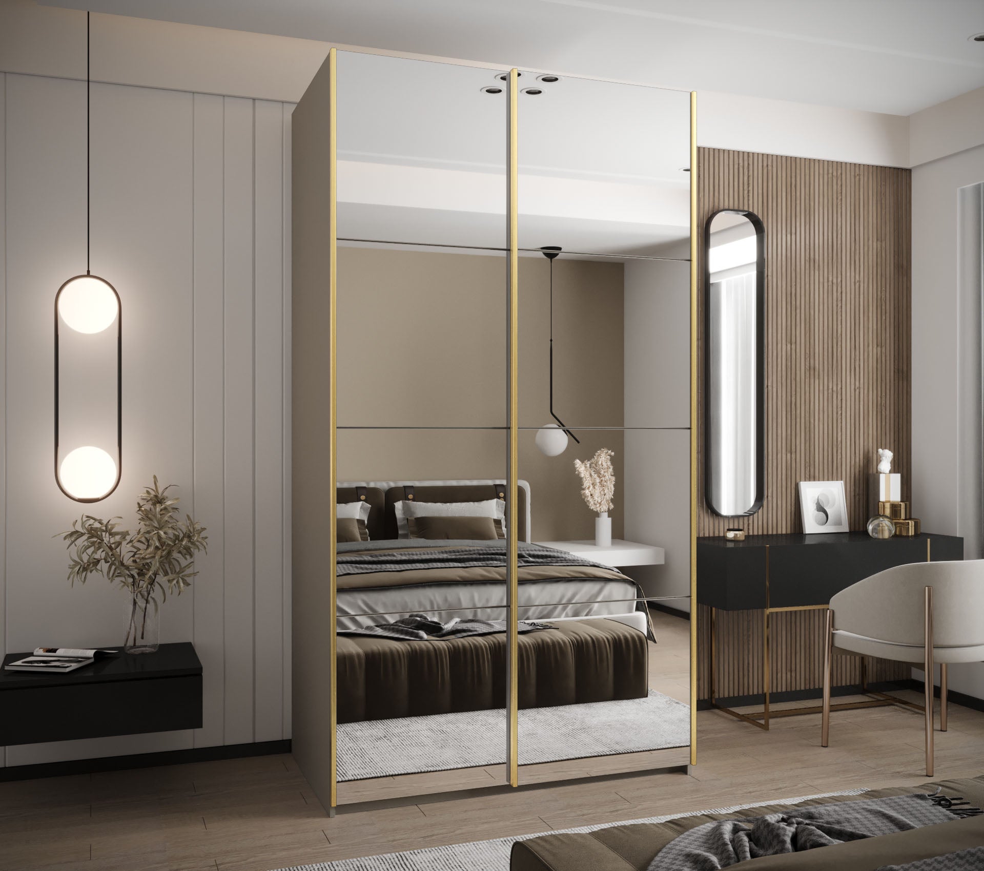 Szafa przesuwna wysoka Lux 2 130 x 64 x 245,5 cm kaszmir + kaszmir + u. złoty - Abiks Meble - 2