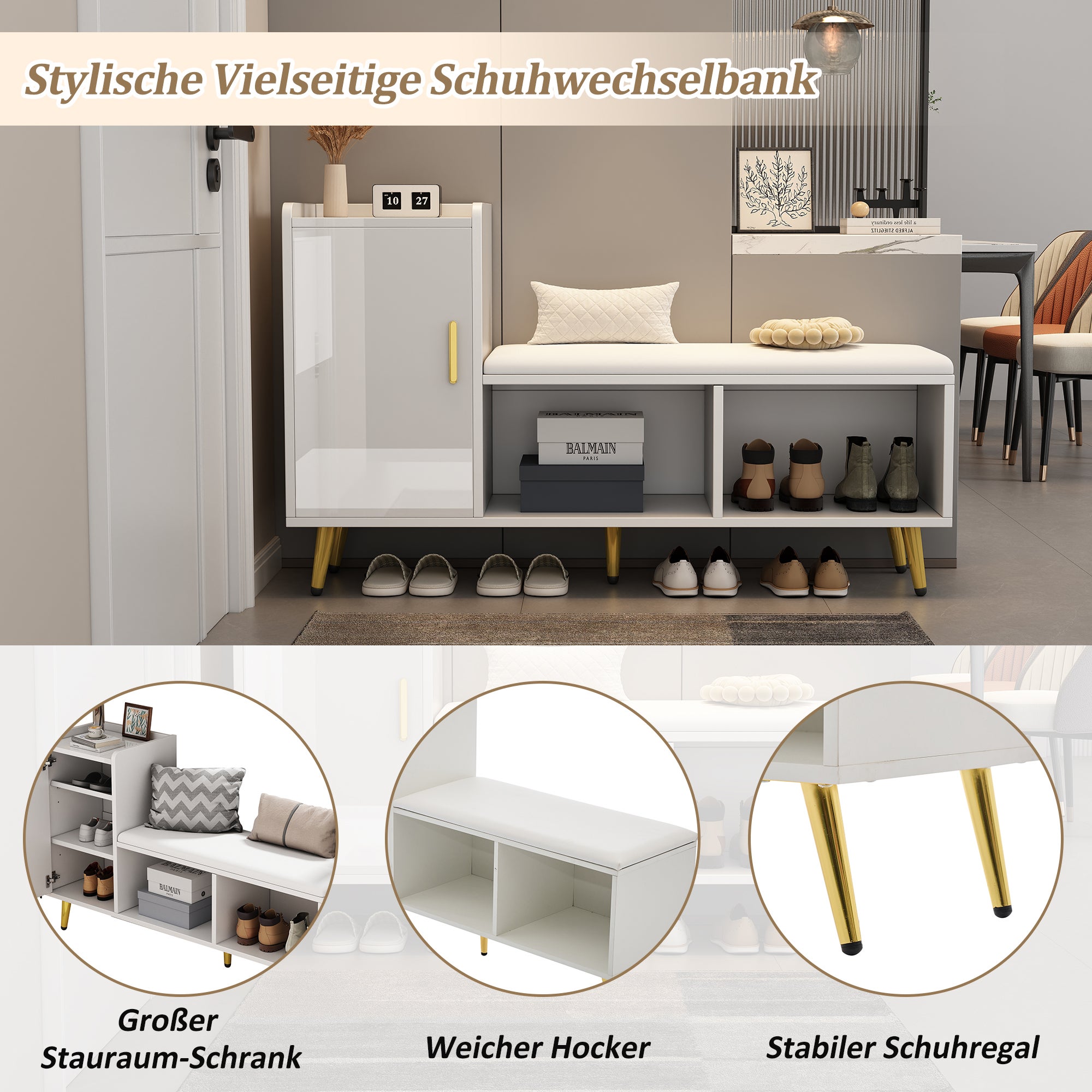 Panca portascarpe con 1 anta, 2 nicchie e cuscino - gambe e maniglie in metallo dorato - Bianco - 120 x 35 x 68,5 cm - 7