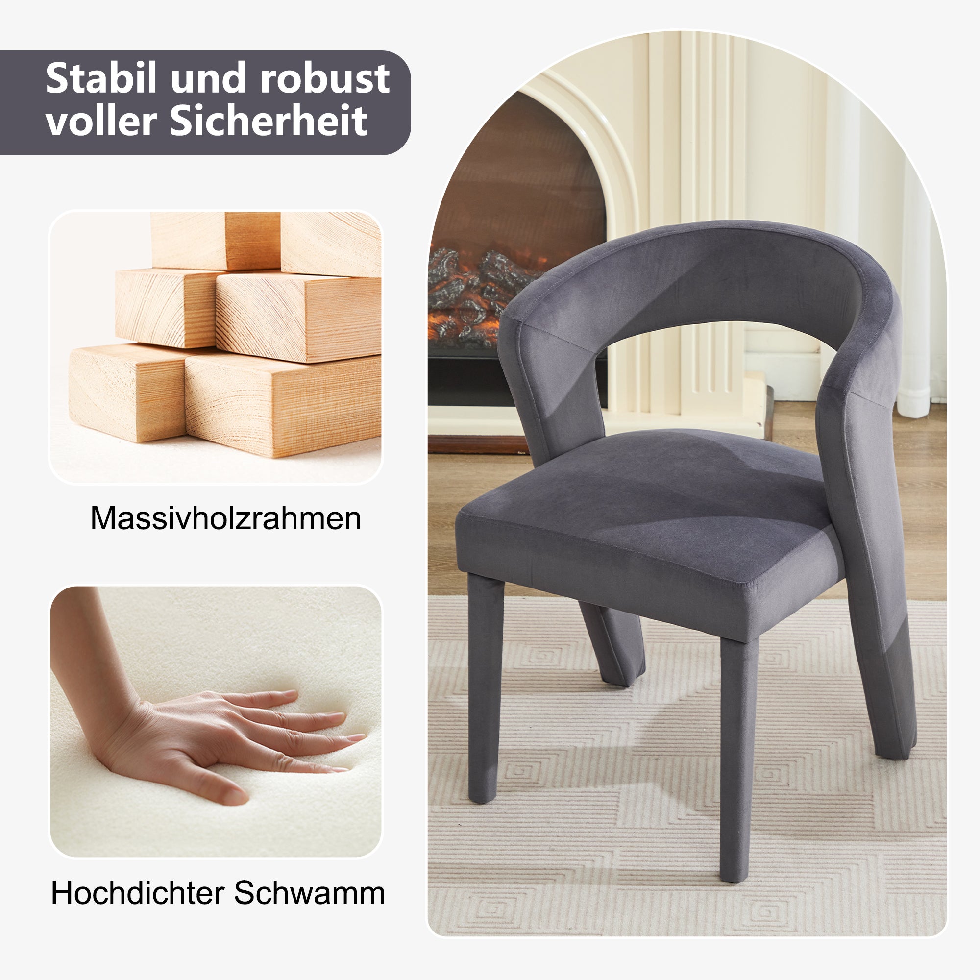 Chaise avec accoudoirs, chaise simple - 59 x 60 x 79 cm - Velours - Gris - 6